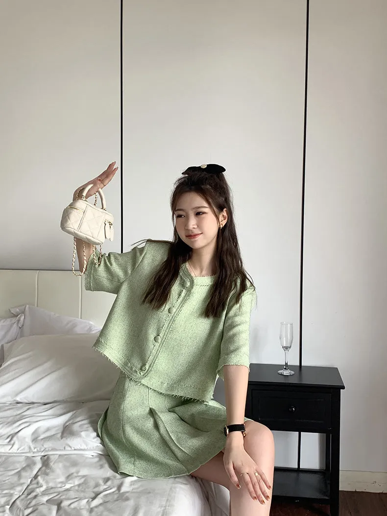 [Korean Style] Co-ord Collarless Short Sleeve Tweed Jacket Pleated Skirt 2 pc Set