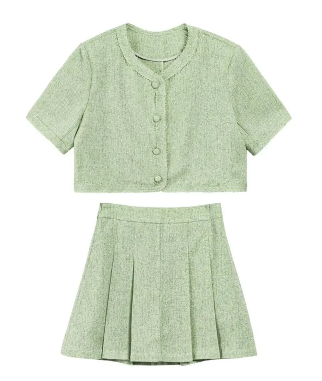 [Korean Style] Co-ord Collarless Short Sleeve Tweed Jacket Pleated Skirt 2 pc Set
