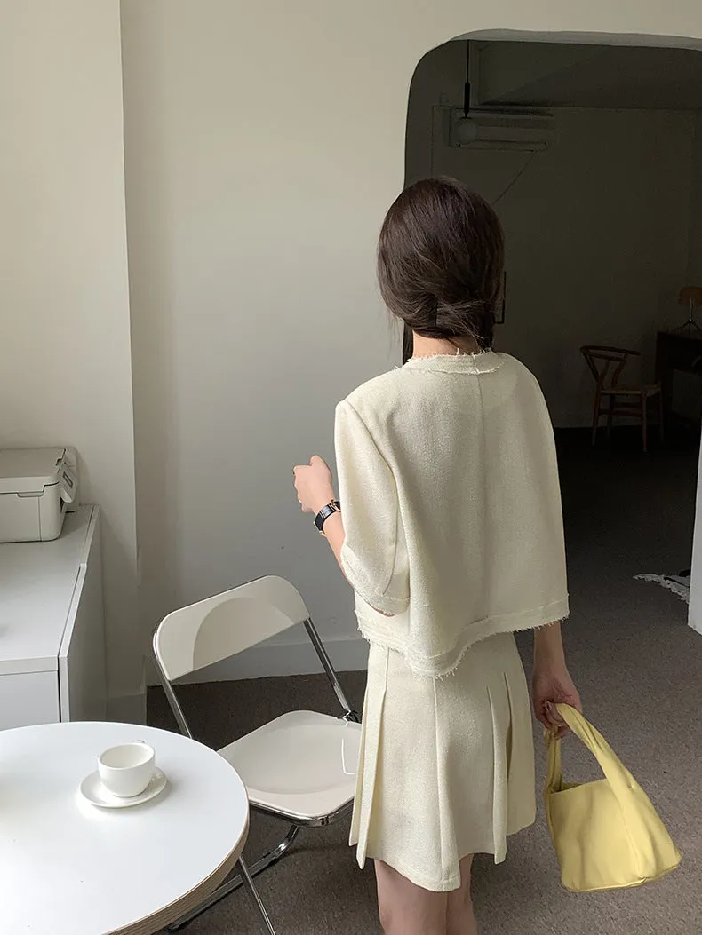 [Korean Style] Co-ord Collarless Short Sleeve Tweed Jacket Pleated Skirt 2 pc Set