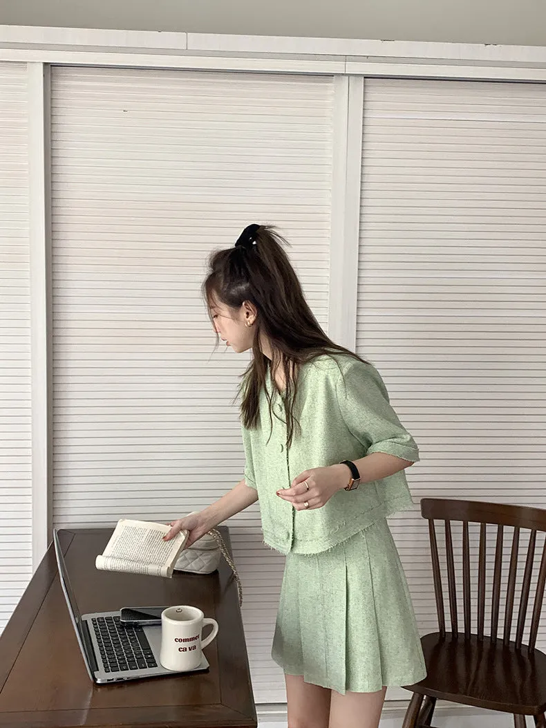 [Korean Style] Co-ord Collarless Short Sleeve Tweed Jacket Pleated Skirt 2 pc Set