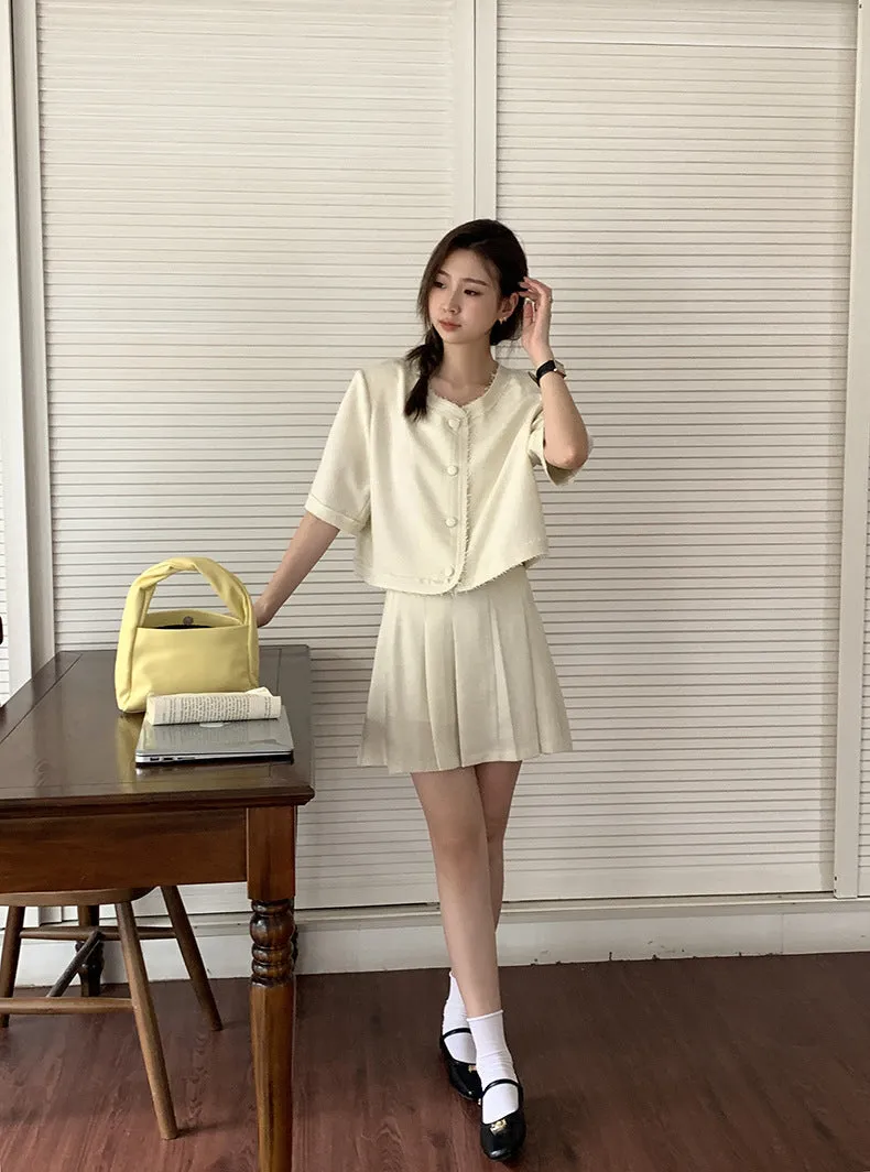[Korean Style] Co-ord Collarless Short Sleeve Tweed Jacket Pleated Skirt 2 pc Set