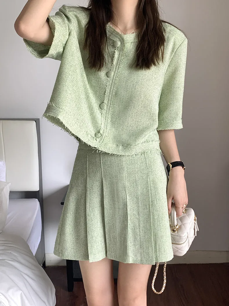 [Korean Style] Co-ord Collarless Short Sleeve Tweed Jacket Pleated Skirt 2 pc Set