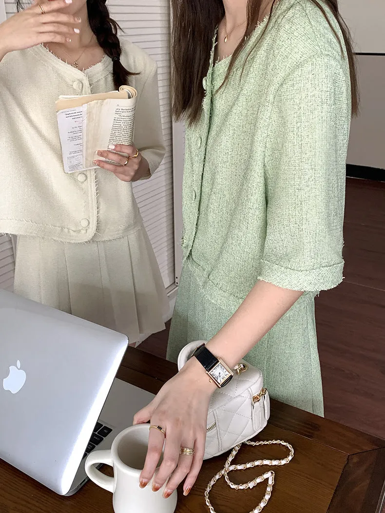 [Korean Style] Co-ord Collarless Short Sleeve Tweed Jacket Pleated Skirt 2 pc Set