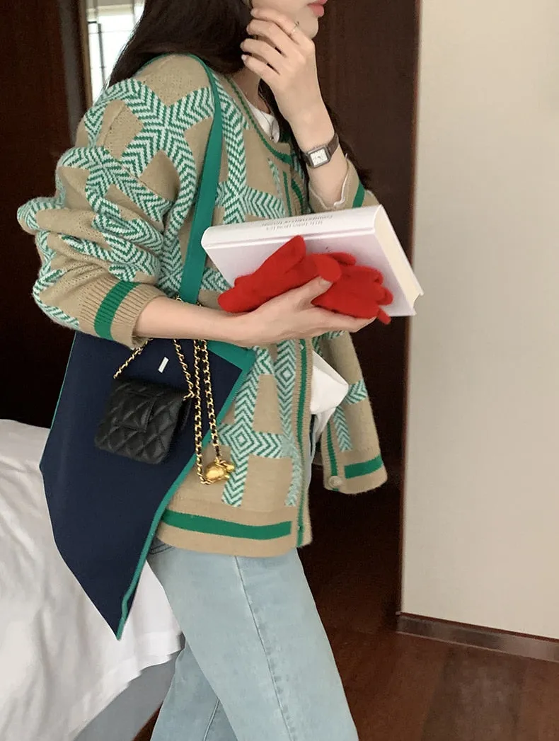 [Korean Style]  Contrast Color Pattern Knitted Cardigan