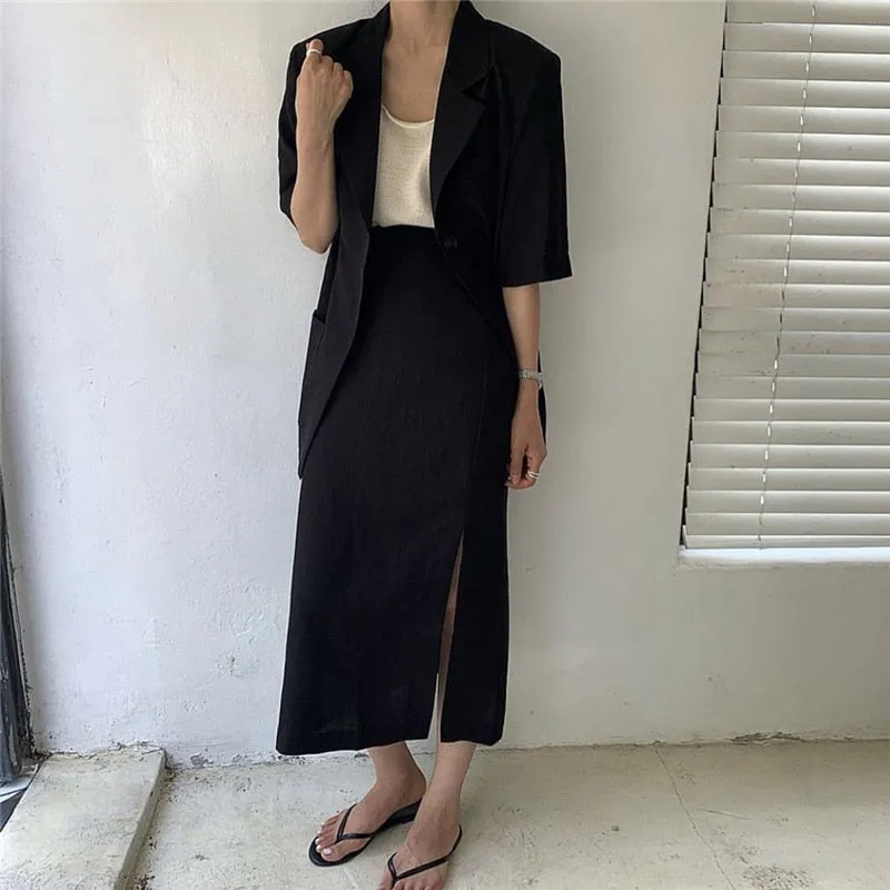 [Korean Style] Delphine Blazer w/ Slit Skirt 2 Piece Set