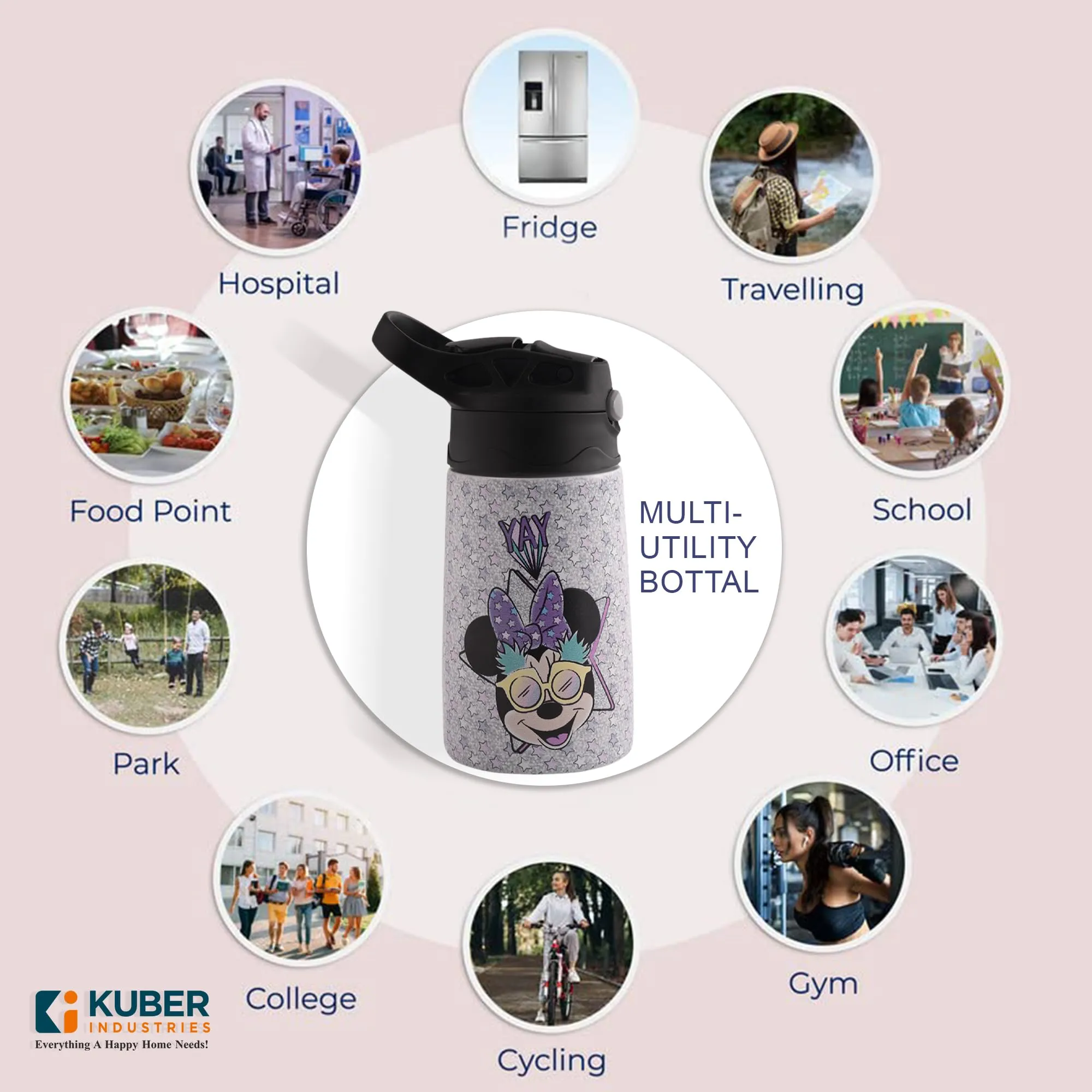 Kuber Industries 350 ml Insulated Kids Water Bottle | Mini Yay Kids Water Bottle | Stainless Steel Water Bottle | Water Bottle with Push-Button Flip Lid | Bottle For School | Purple | Pack of 6