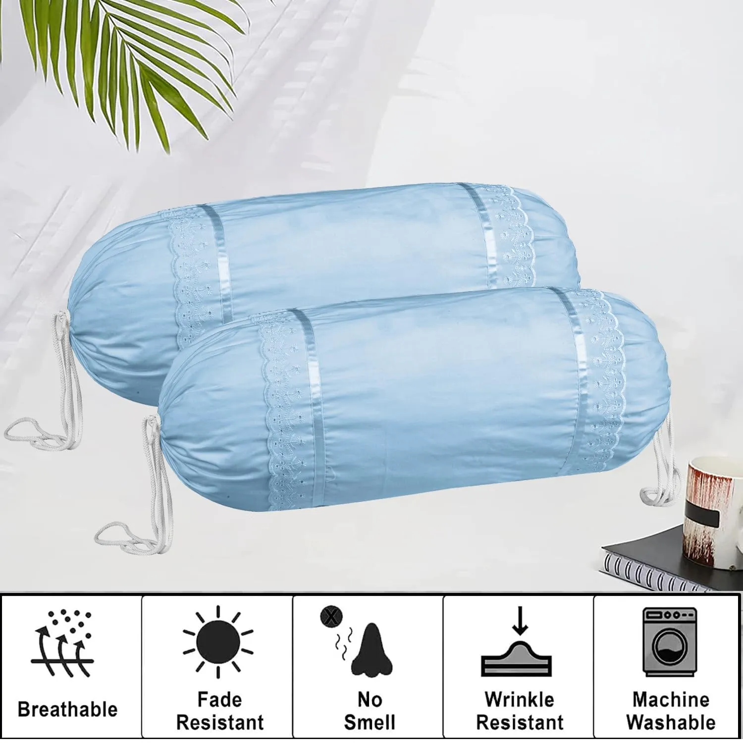 Kuber Industries Bolster Covers | Cotton Bolster Cover Set | Diwan Bolster Cover Set | Bolster Pillow Cover | Plain Lace Print Masand Cover | 16x32 Inch | Pack of 6 | Sky Blue