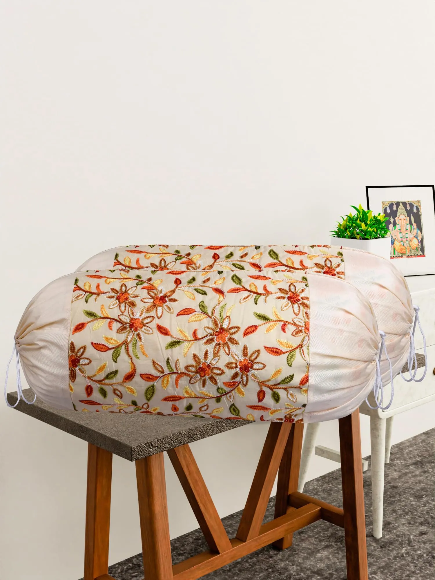 Kuber Industries Bolster Covers | Polyester Bolster Cover Set | Diwan Bolster Cover Set | Bolster Pillow Cover | Embroidery Design Masand Cover | 16x32 Inch | Pack of 2 | Cream