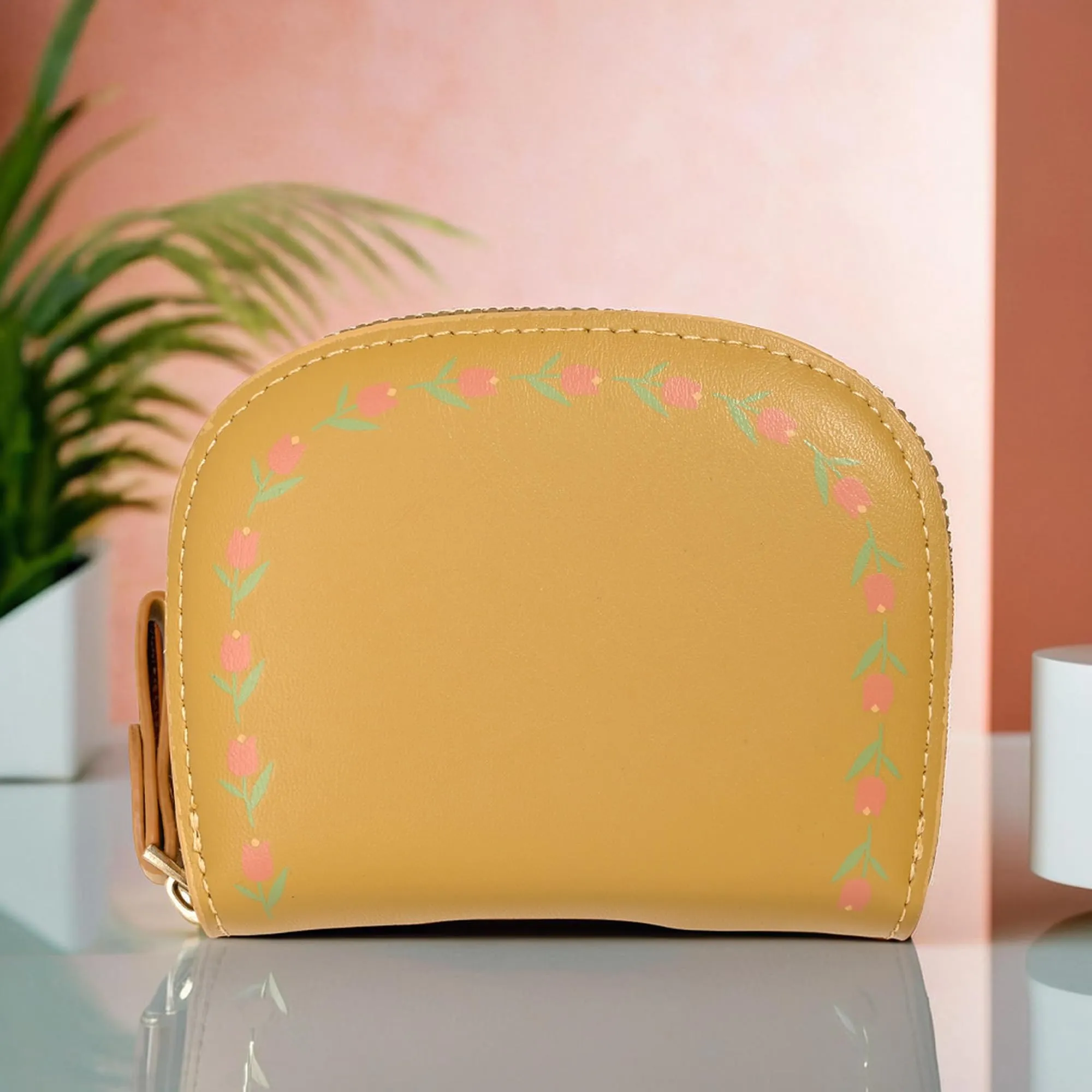 Kuber Industries Floral Vine Print PU Batua Purse, Cash & Coin Pocket Wallet for Women with Zip | Portable Cute Mini Wallet for Girls | Hand Wallet for College Girls | KS-4, Mustard