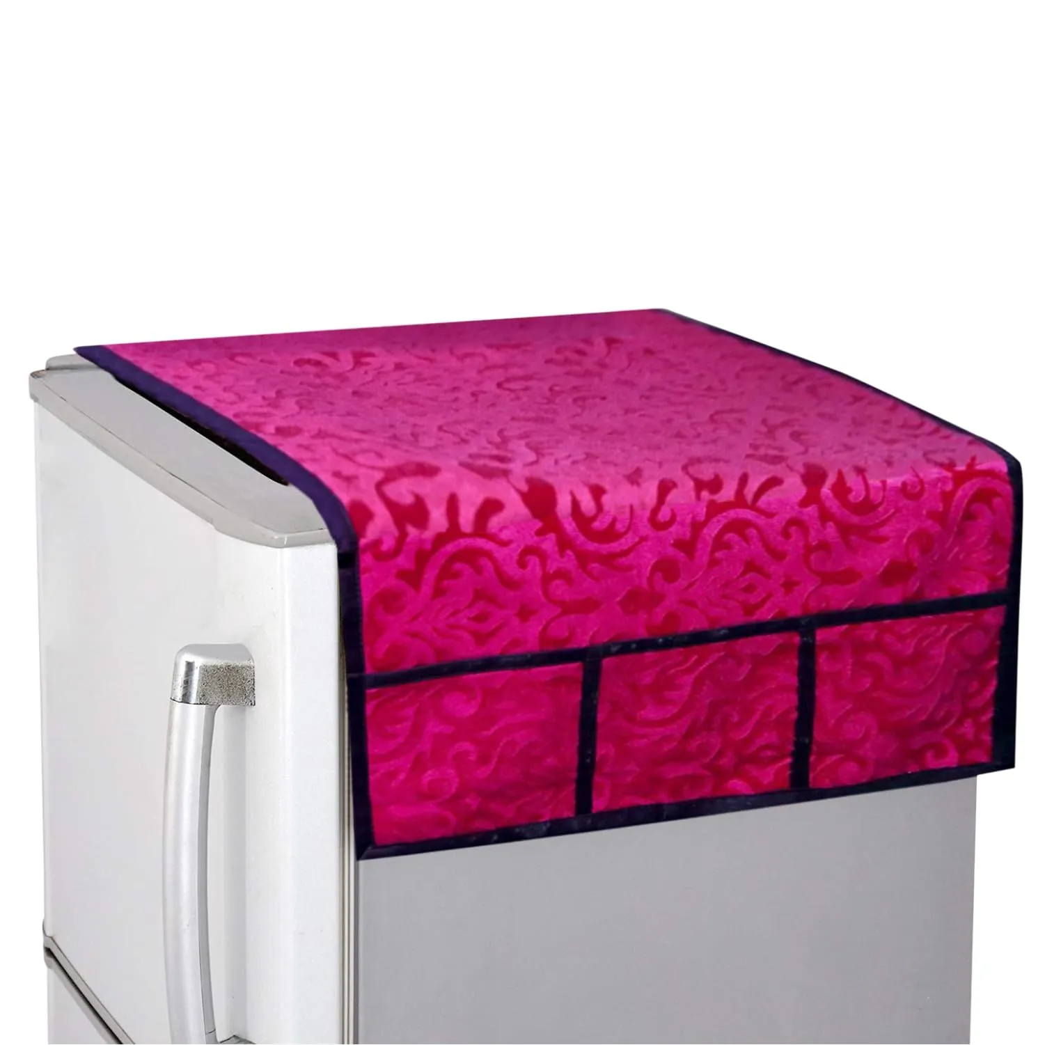 Kuber Industries Fridge Top Cover | Fridge Top Cover with Pockets | Refrigerator Top Cover for Kitchen | Fridge Top Cover with 6 Utility Pockets | Velvet Fridge Top Cover | Pink