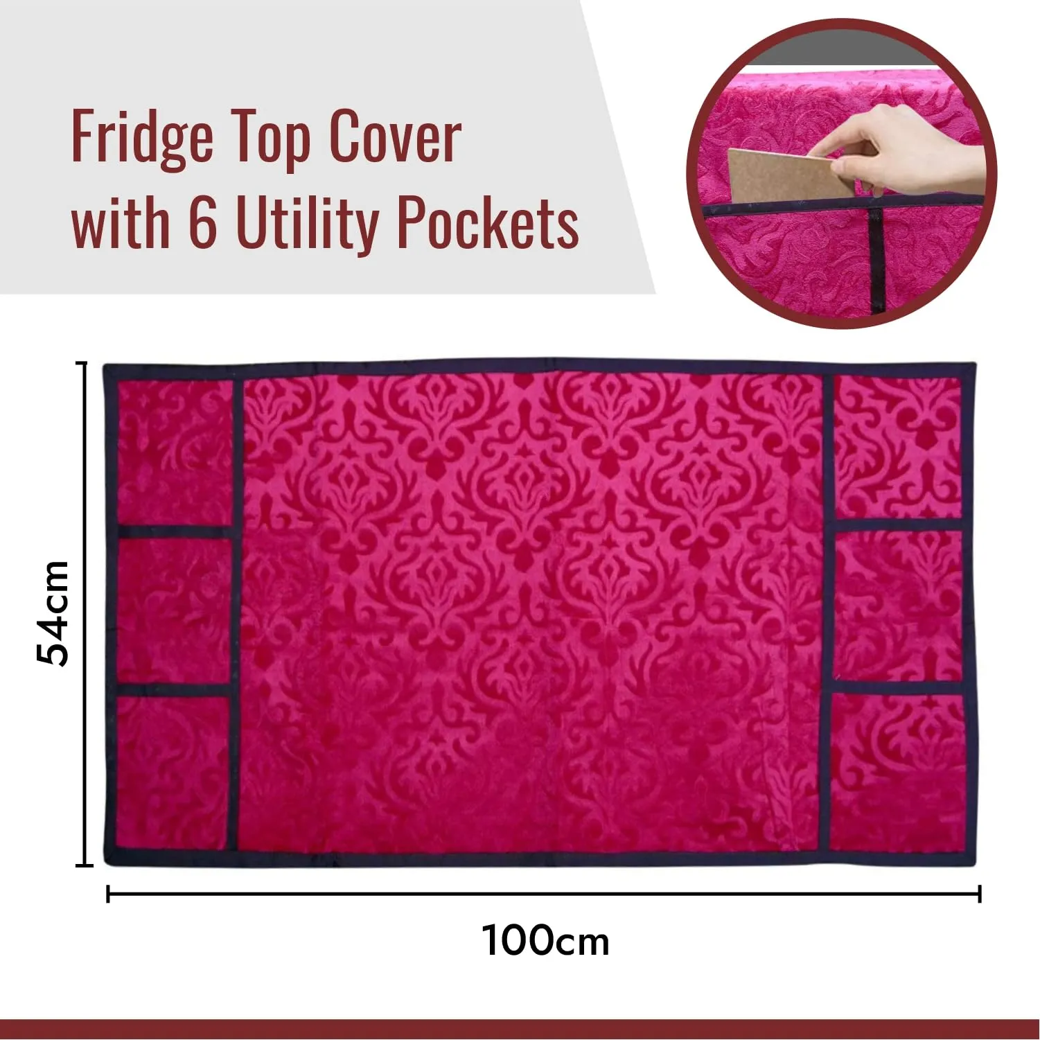 Kuber Industries Fridge Top Cover | Fridge Top Cover with Pockets | Refrigerator Top Cover for Kitchen | Fridge Top Cover with 6 Utility Pockets | Velvet Fridge Top Cover | Pink