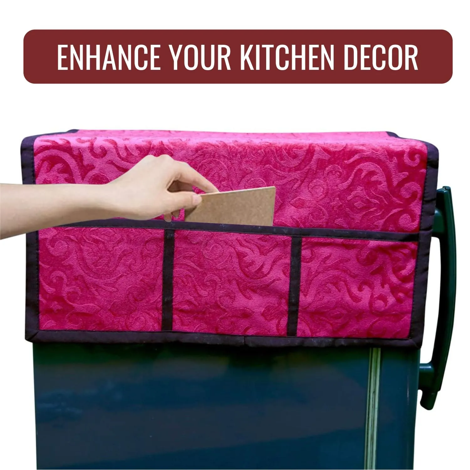 Kuber Industries Fridge Top Cover | Fridge Top Cover with Pockets | Refrigerator Top Cover for Kitchen | Fridge Top Cover with 6 Utility Pockets | Velvet Fridge Top Cover | Pink