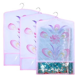 Kuber Industries Hanging Saree Cover | Brush Painting Pattern Saree Cover | Non-Woven Saree Covers for Home | Saree Cover with Small Transparent view | Pack of 3 | Pink