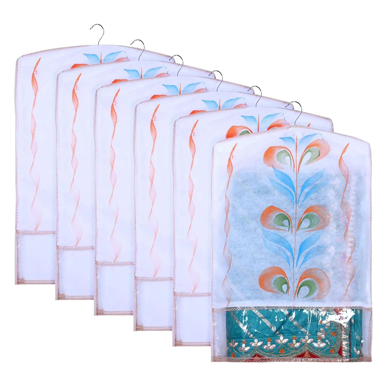 Kuber Industries Hanging Saree Cover | Brush Painting Pattern Saree Cover | Non-Woven Saree Covers for Home | Saree Cover with Small Transparent view | Pack of 6 | Peach