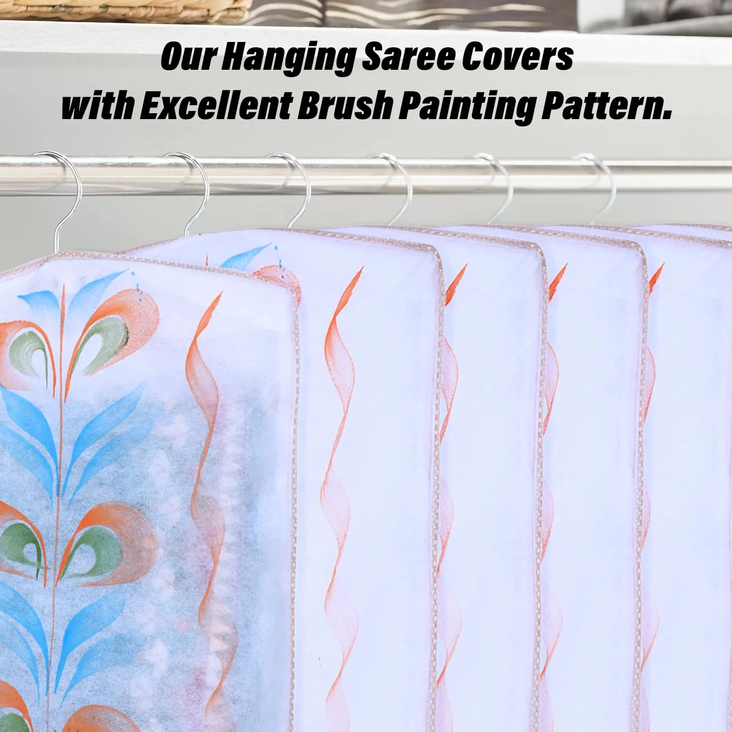 Kuber Industries Hanging Saree Cover | Brush Painting Pattern Saree Cover | Non-Woven Saree Covers for Home | Saree Cover with Small Transparent view | Pack of 6 | Peach