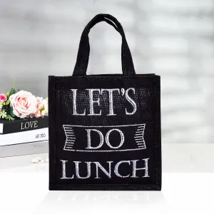 Kuber Industries Lunch Bag | Jute Carry Bag | Lunch Handbag | Lunch Bags for Office | Reusable Lunch Bag with Handle | Tiffin Carry Hand Bag | Lets Do Lunch-Print Lunch Bag | Small | Black