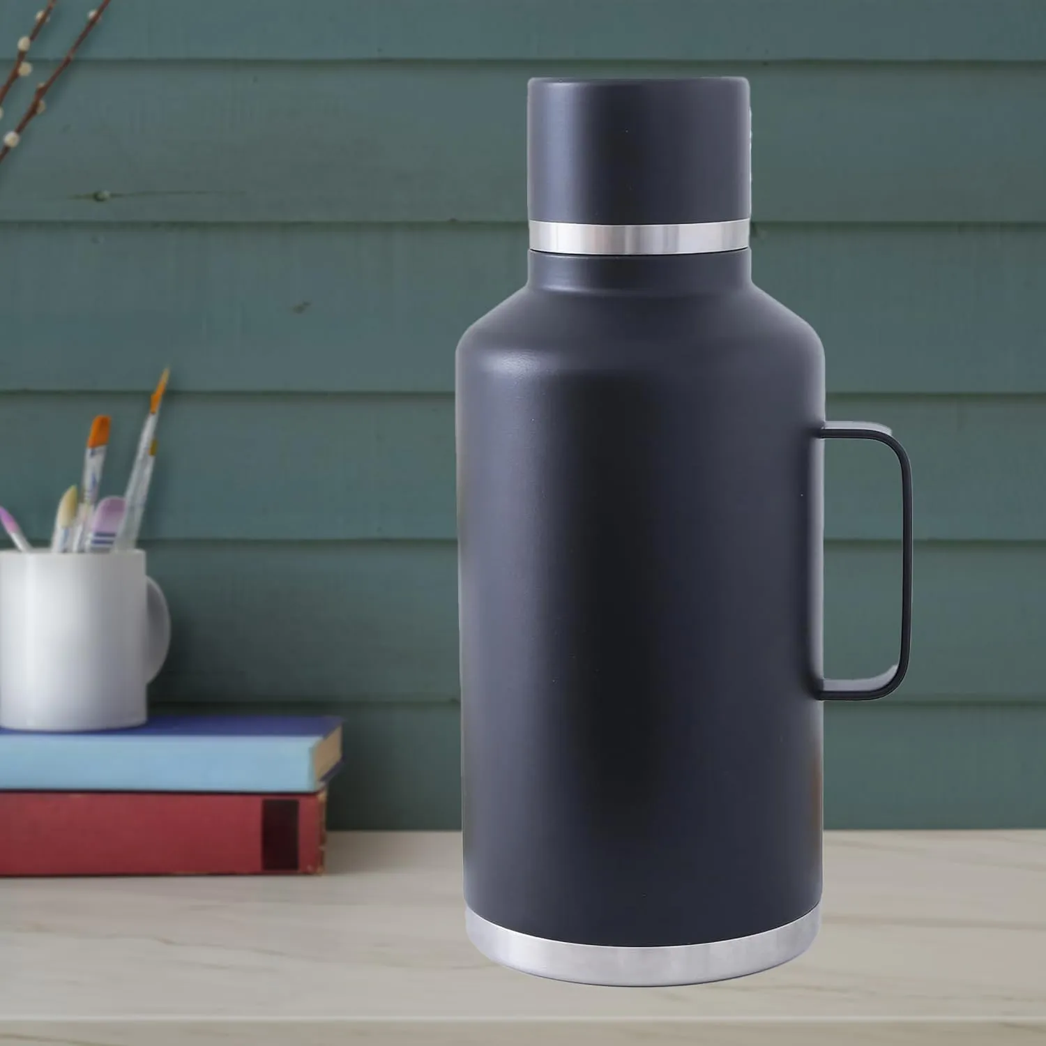 Kuber Industries Pack of 3 Vacuum Insulated Water Bottle | Stainless Steel Water Bottle with Handle | Hot & Cold Water Bottle | Leakproof, BPA Free, Rustproof | 2000 ML | Black