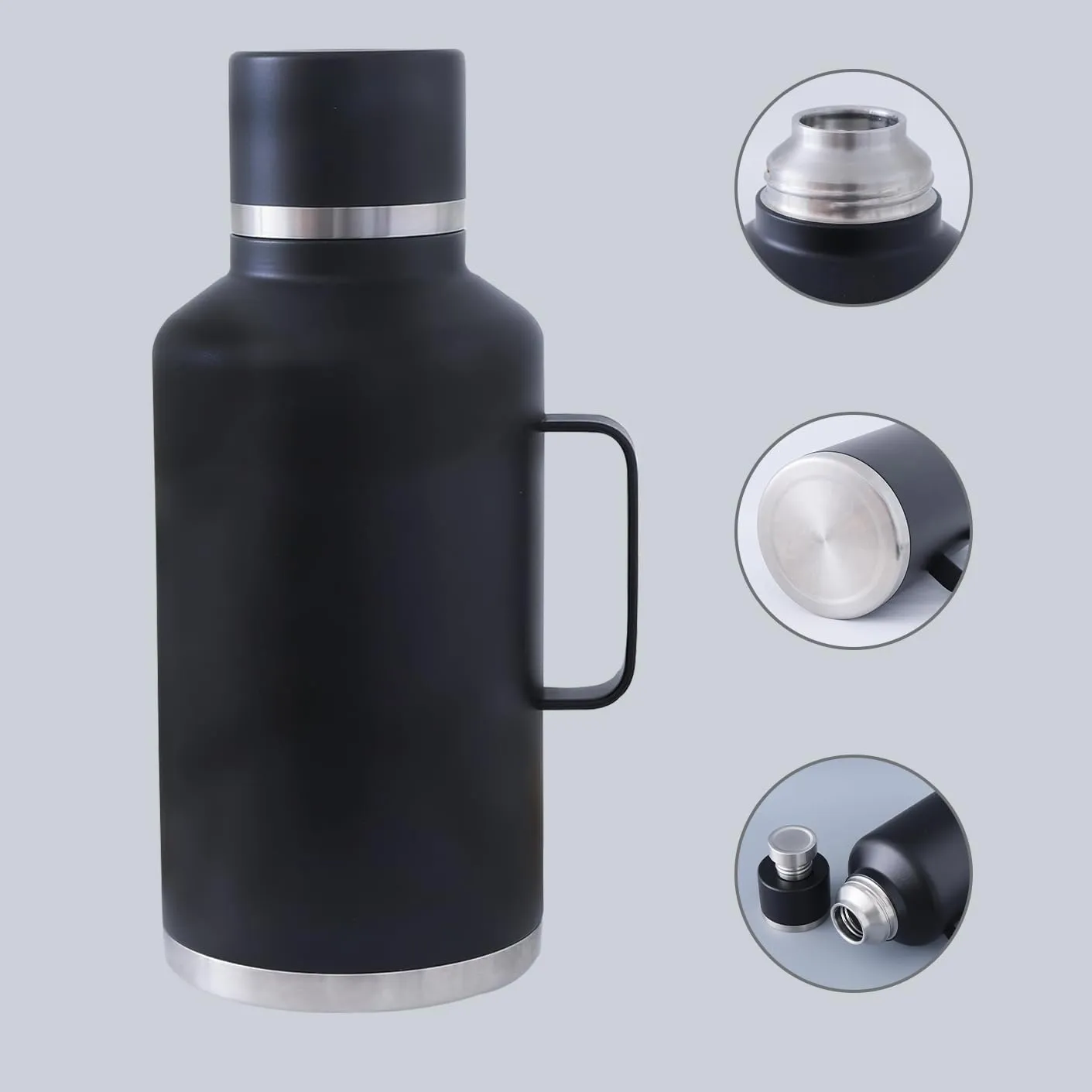 Kuber Industries Pack of 3 Vacuum Insulated Water Bottle | Stainless Steel Water Bottle with Handle | Hot & Cold Water Bottle | Leakproof, BPA Free, Rustproof | 2000 ML | Black