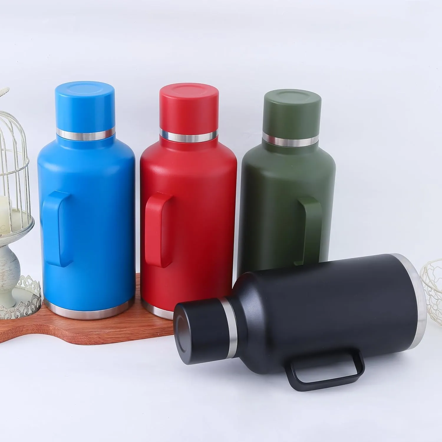 Kuber Industries Pack of 3 Vacuum Insulated Water Bottle | Stainless Steel Water Bottle with Handle | Hot & Cold Water Bottle | Leakproof, BPA Free, Rustproof | 2000 ML | Black