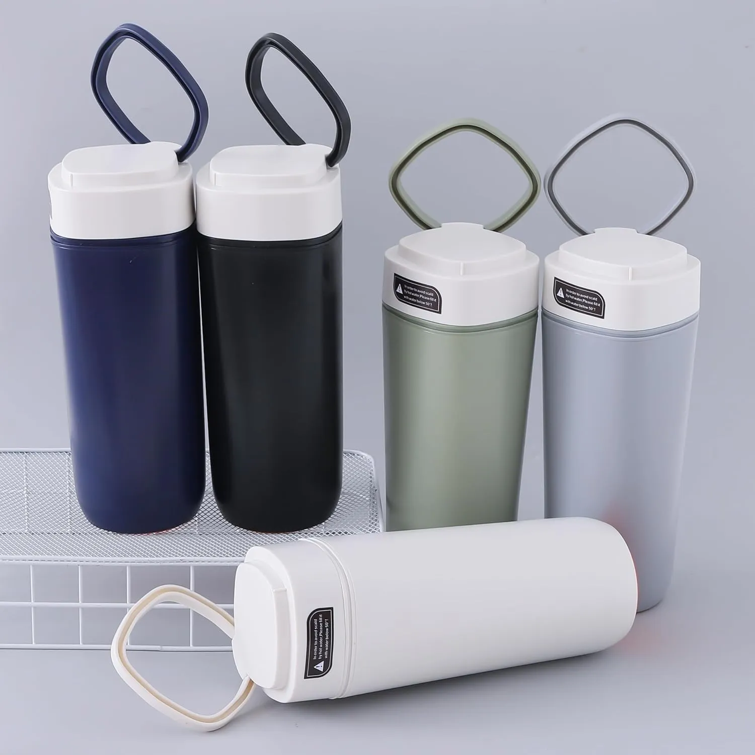 Kuber Industries Pack of 5 Anti-Fall Insulated Coffee Tumbler with Suction Bottom | Leak-Proof Stainless Steel Tumbler | Coffee Tumbler with Lid and Handle | 480 ML | Gray