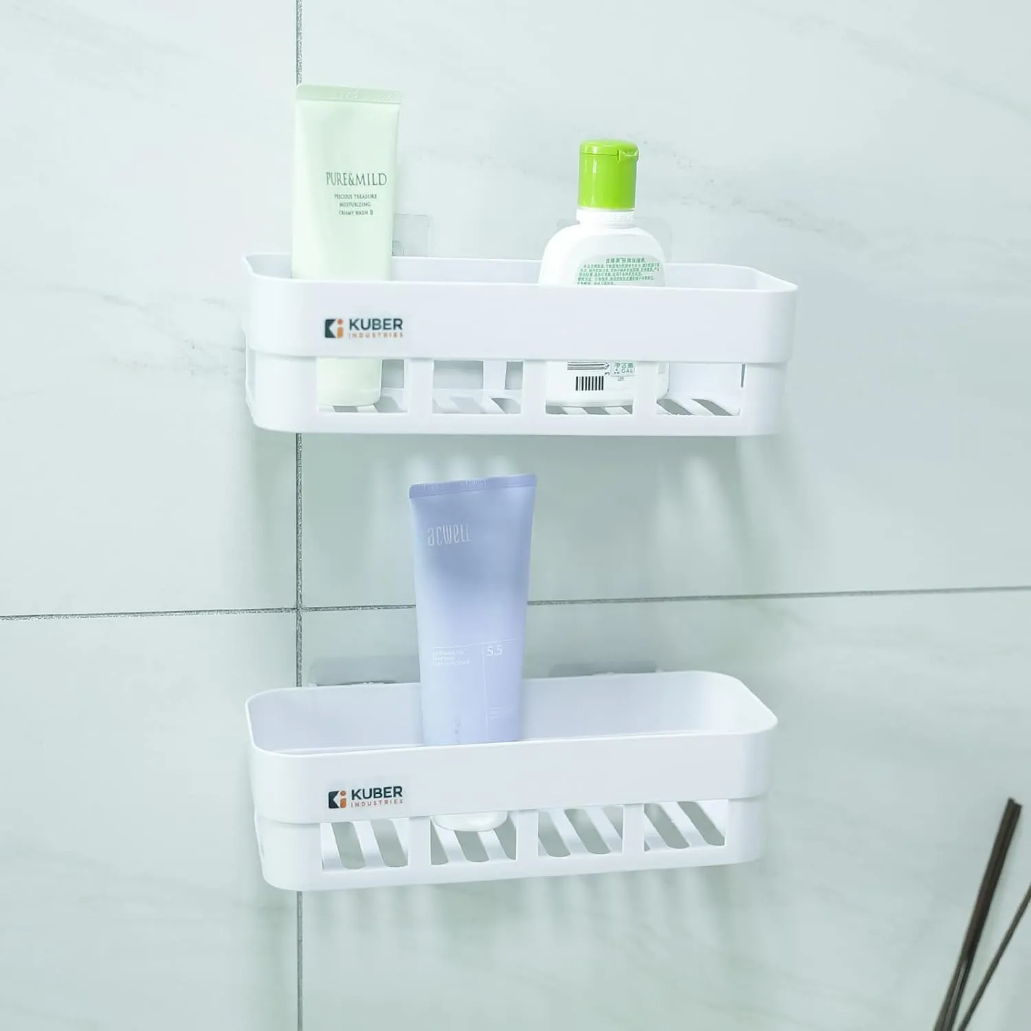 Kuber Industries Pack of 6 Bathroom & Kitchen Organizer PP|Durable & Non-Toxic|Self-Adhesive|Drainage Holes|Multipurpose Set of Storage Racks & Shelves|Set of 2|A50532|White