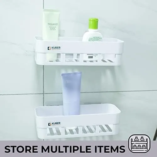 Kuber Industries Pack of 6 Bathroom & Kitchen Organizer PP|Durable & Non-Toxic|Self-Adhesive|Drainage Holes|Multipurpose Set of Storage Racks & Shelves|Set of 2|A50532|White