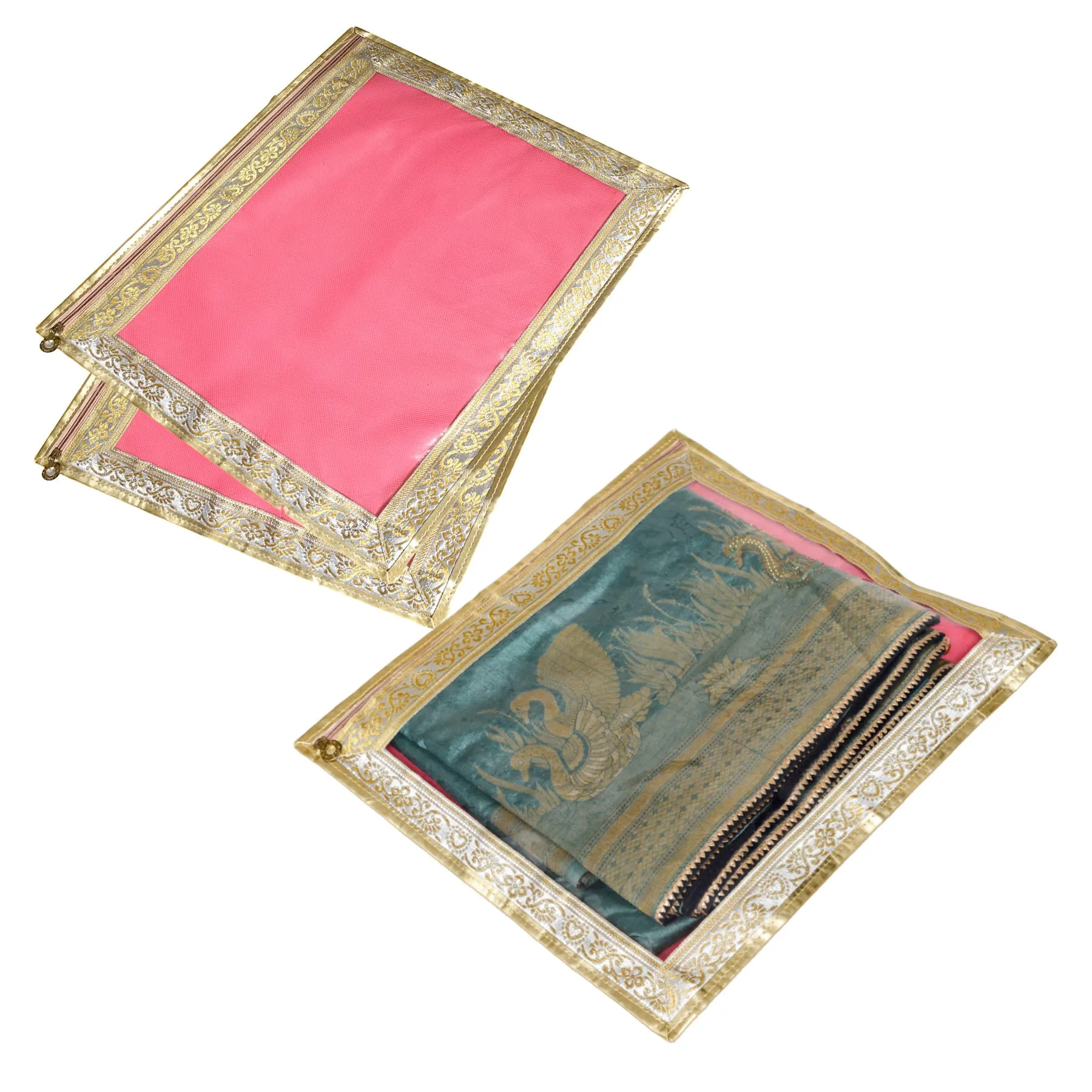 Kuber Industries Saree Cover | Clothes Storage Bag | Single Packing Saree with Zip Closure | Wardrobe Organizer | Cloth Stoarge Organizer | 4 Side Lace Saree Cover | Pack of 3 | Light Pink