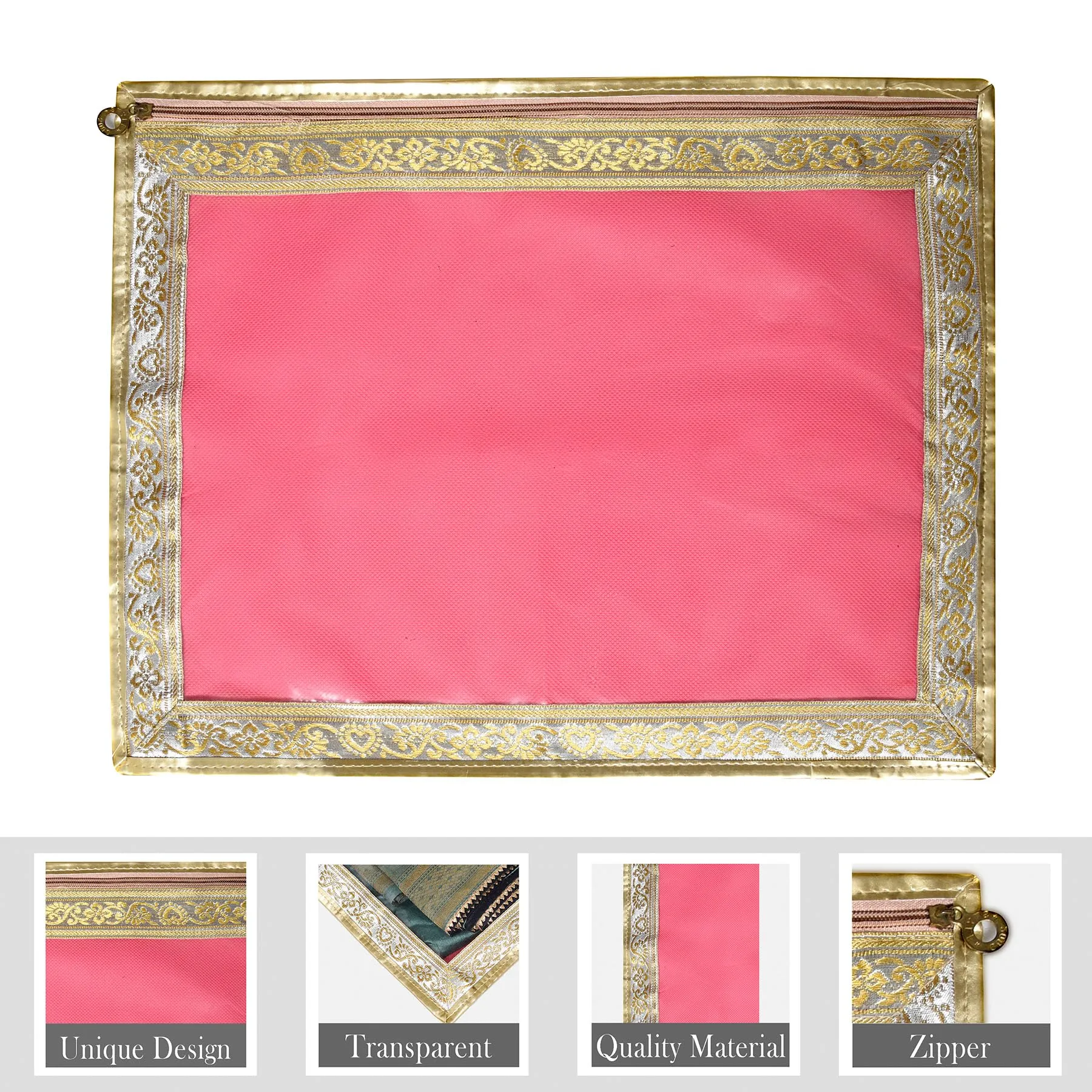 Kuber Industries Saree Cover | Clothes Storage Bag | Single Packing Saree with Zip Closure | Wardrobe Organizer | Cloth Stoarge Organizer | 4 Side Lace Saree Cover | Pack of 3 | Light Pink