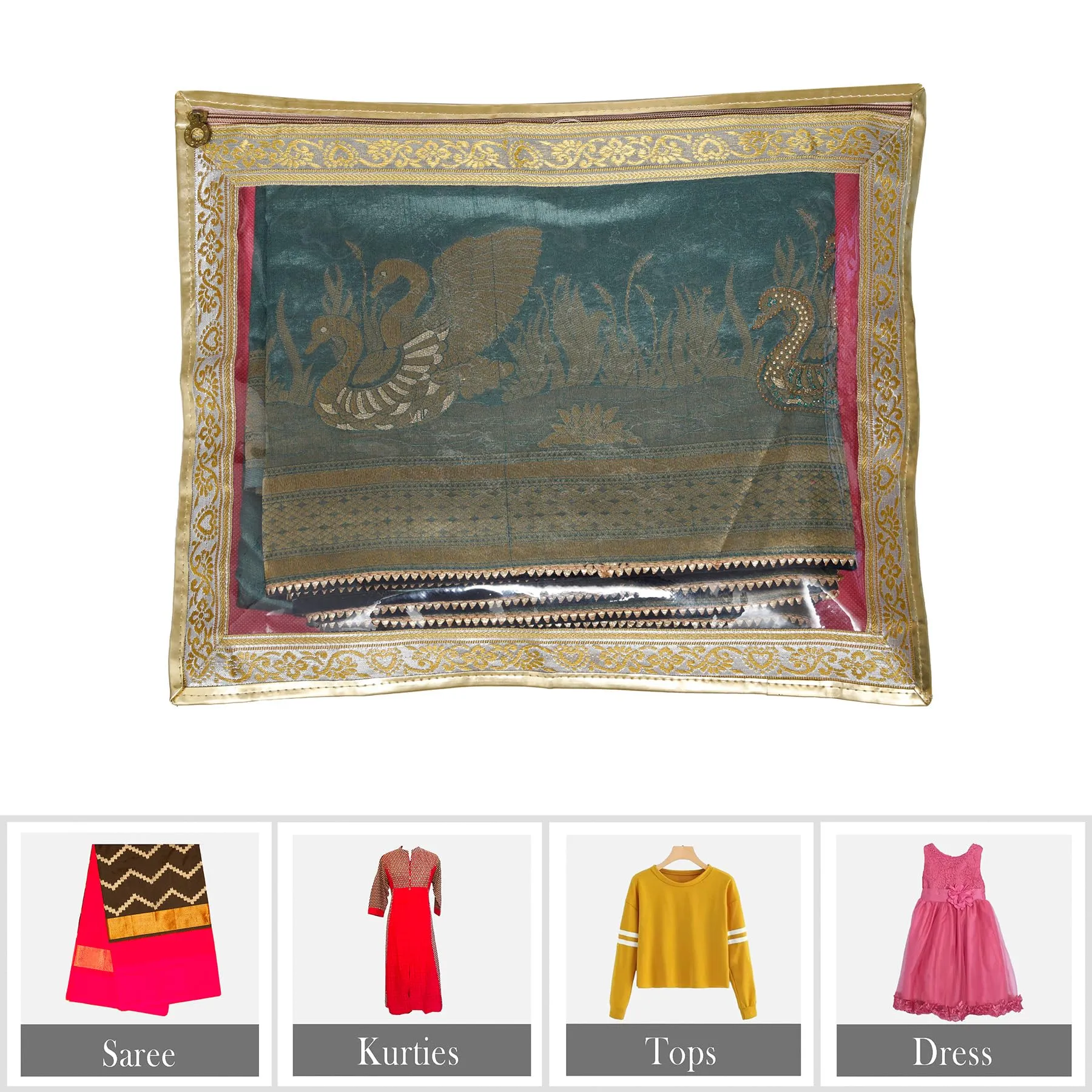 Kuber Industries Saree Cover | Clothes Storage Bag | Single Packing Saree with Zip Closure | Wardrobe Organizer | Cloth Stoarge Organizer | 4 Side Lace Saree Cover | Pack of 3 | Light Pink