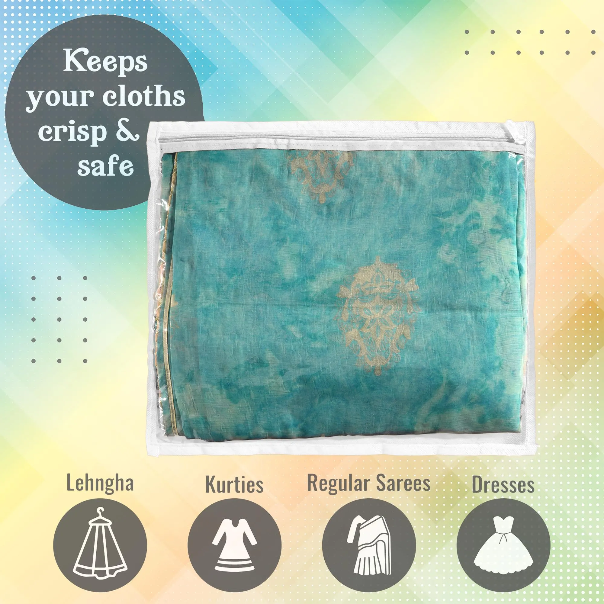Kuber Industries Saree Cover | Clothes Storage Bag | Single Packing Saree with Zip Closure | Wardrobe Organizer | Cloth Stoarge Organizer | Plain Saree Cover | Pack of 12 | White