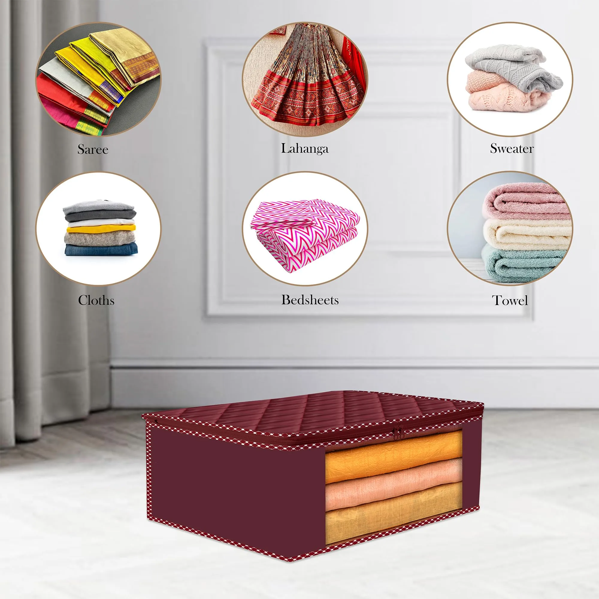 Kuber Industries Saree Cover | Clothes Storage Bag | Storage Organizer Bag | Zip Closure Saree Cover | Wardrobe Organizer | Dot Border-Design | 6 Inch | Pack of 9 | Maroon