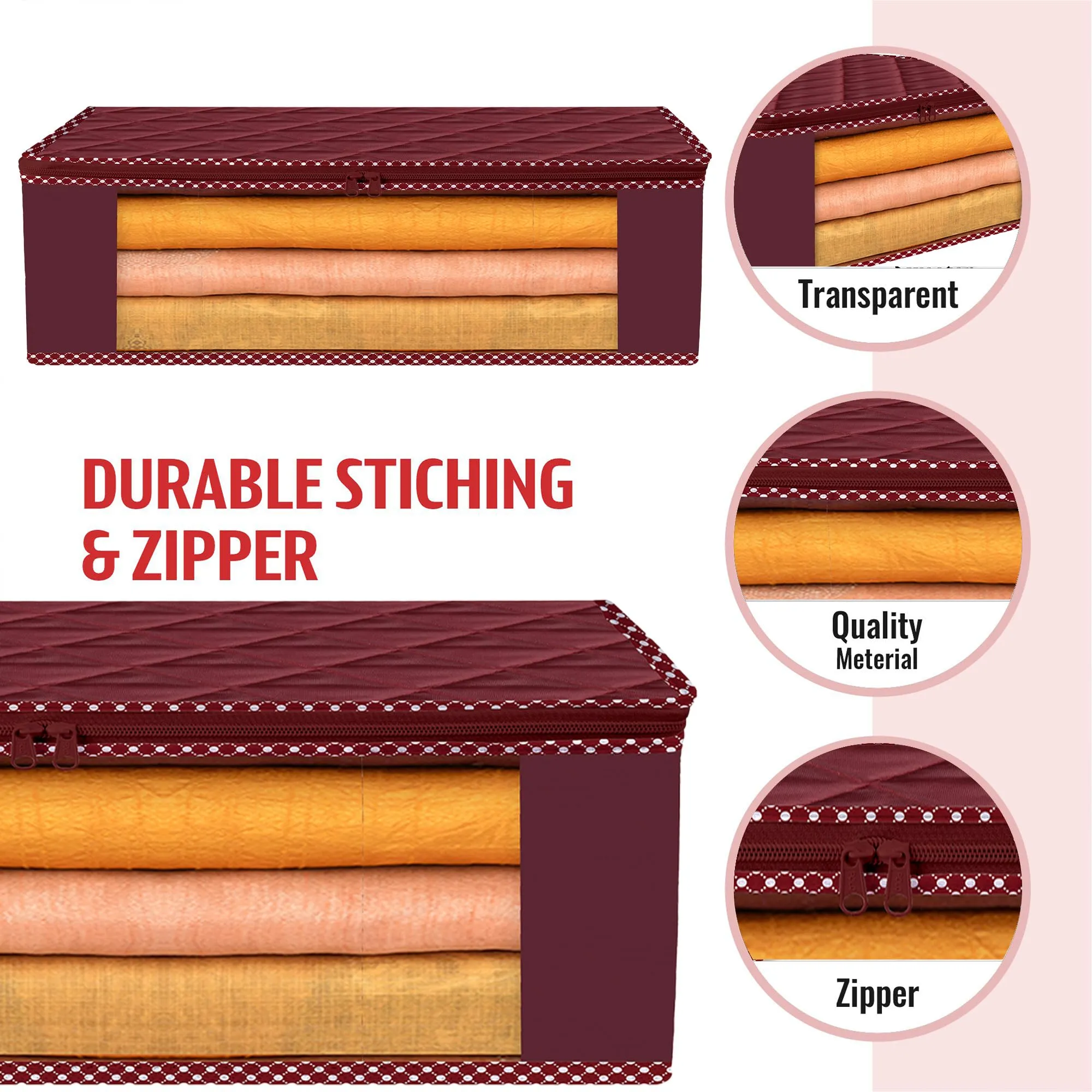 Kuber Industries Saree Cover | Clothes Storage Bag | Storage Organizer Bag | Zip Closure Saree Cover | Wardrobe Organizer | Dot Border-Design | 6 Inch | Pack of 9 | Maroon