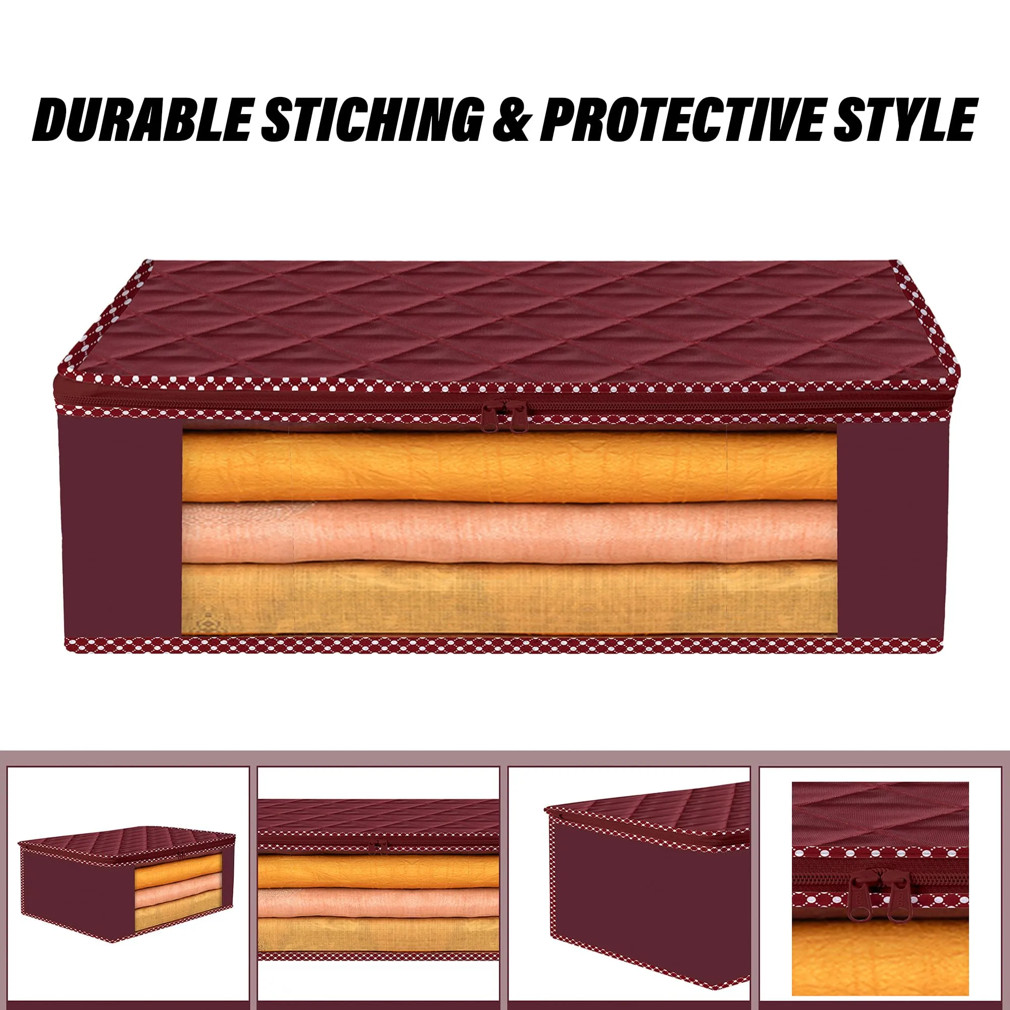 Kuber Industries Saree Cover | Clothes Storage Bag | Storage Organizer Bag | Zip Closure Saree Cover | Wardrobe Organizer | Dot Border-Design | 6 Inch | Pack of 9 | Maroon