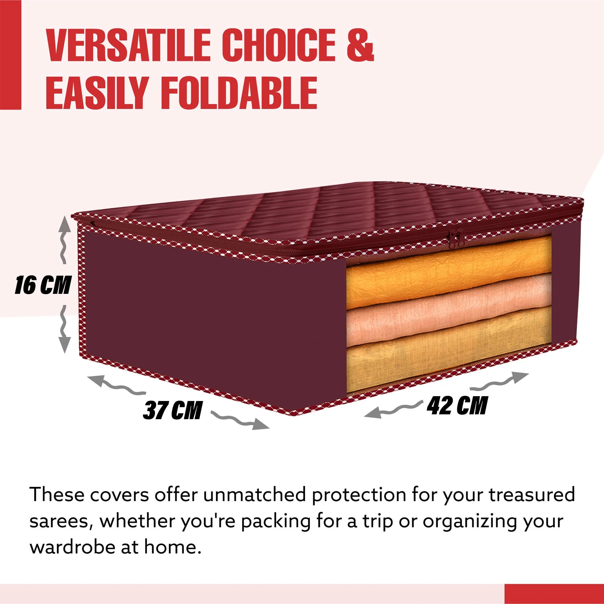 Kuber Industries Saree Cover | Clothes Storage Bag | Storage Organizer Bag | Zip Closure Saree Cover | Wardrobe Organizer | Dot Border-Design | 6 Inch | Pack of 9 | Maroon