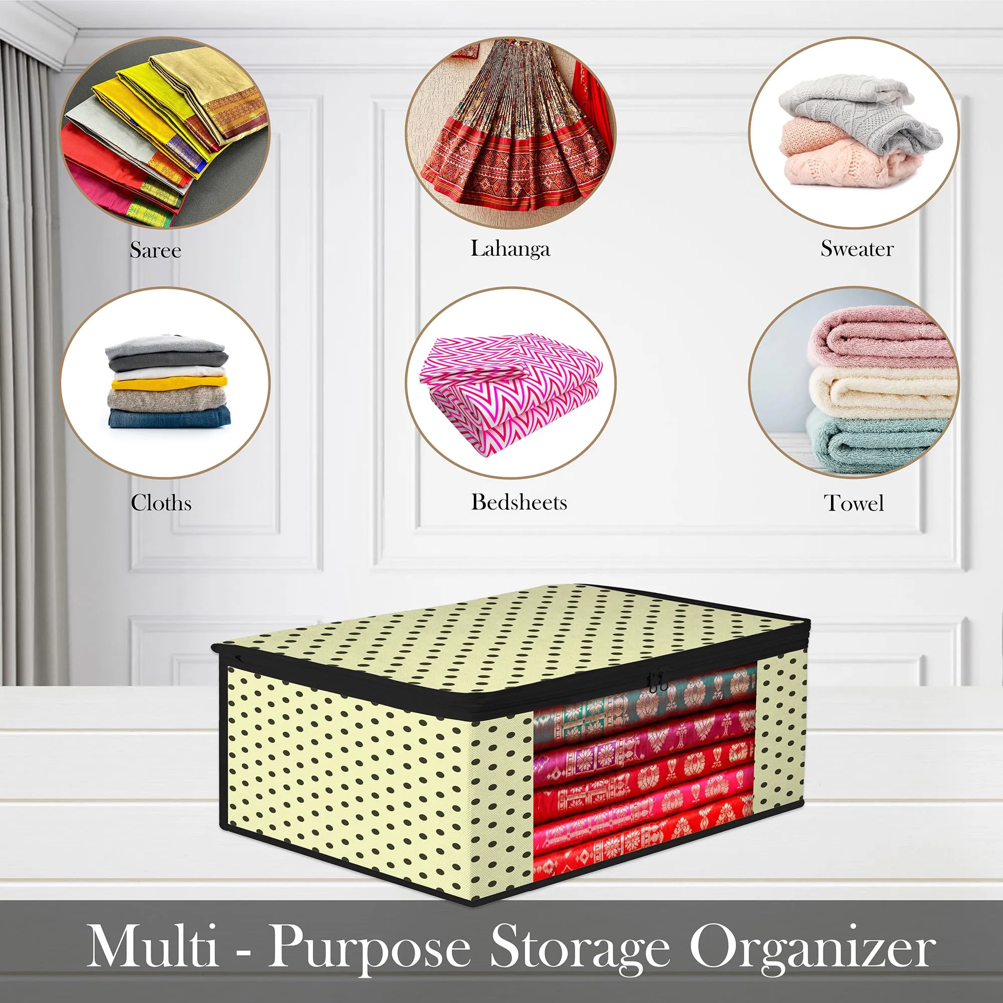 Kuber Industries Saree Cover | Clothes Storage Bag | Storage Organizer Bag | Zip Closure Saree Cover | Wardrobe Organizer | Dot-Design Saree Covers | 6 Inch | Pack of 9 | Cream