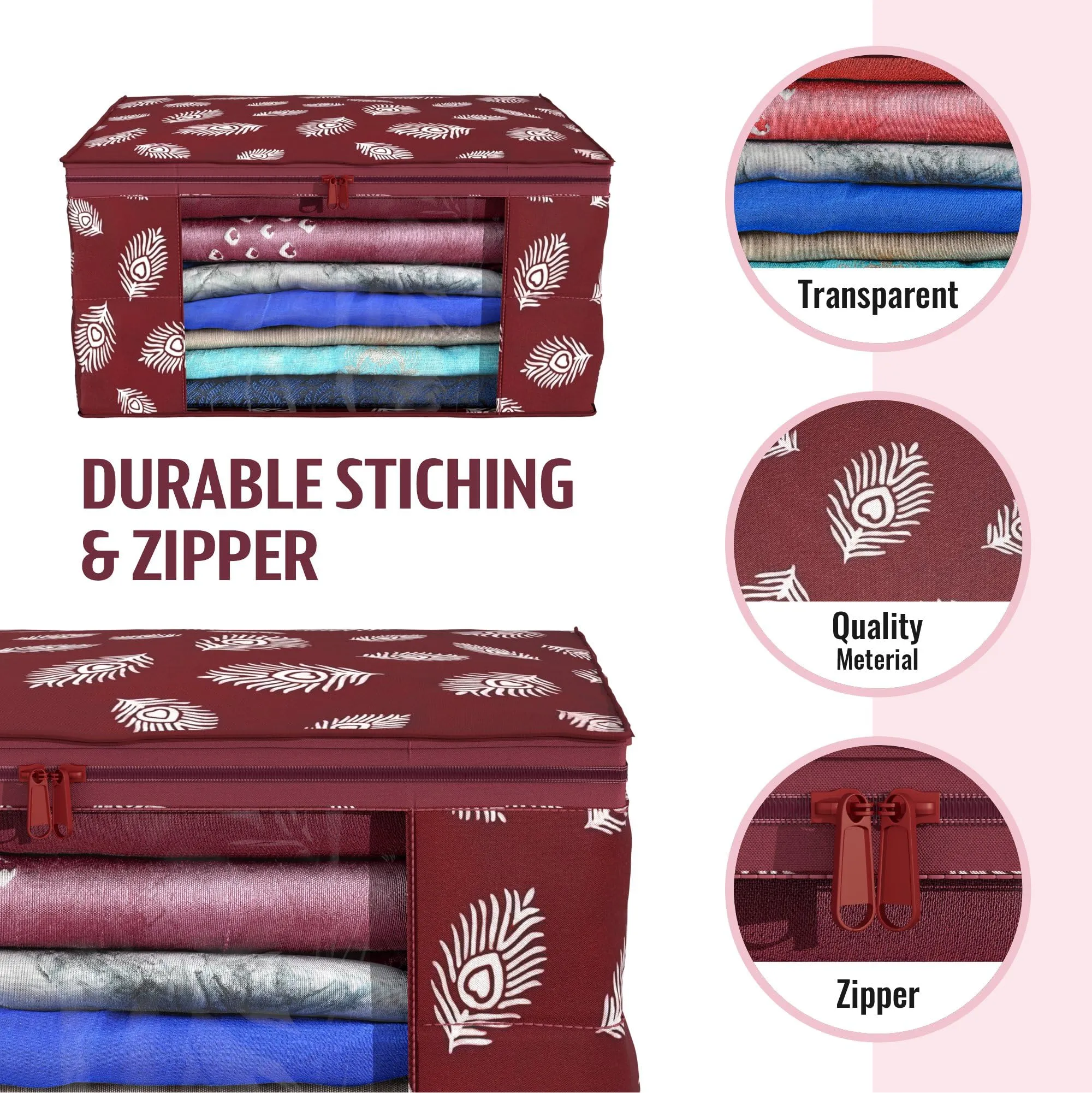 Kuber Industries Saree Cover | Clothes Storage Bag | Storage Organizer Bag | Zip Closure Saree Cover | Wardrobe Organizer | Peacock Feather-Design | 6 Inch | Pack of 2 | Maroon