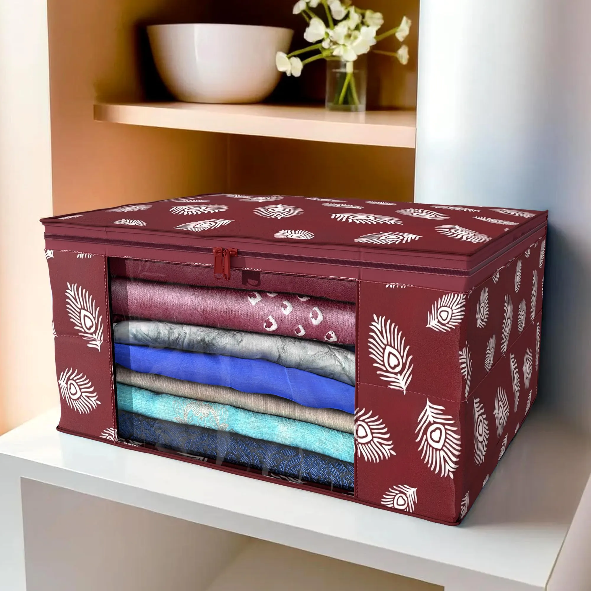 Kuber Industries Saree Cover | Clothes Storage Bag | Storage Organizer Bag | Zip Closure Saree Cover | Wardrobe Organizer | Peacock Feather-Design | 6 Inch | Pack of 2 | Maroon
