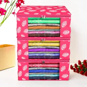 Kuber Industries Saree Cover | Clothes Storage Bag | Storage Organizer Bag | Zip Closure Saree Cover | Wardrobe Organizer | Peacock Feather-Design | 6 Inch | Pack of 3 | Pink