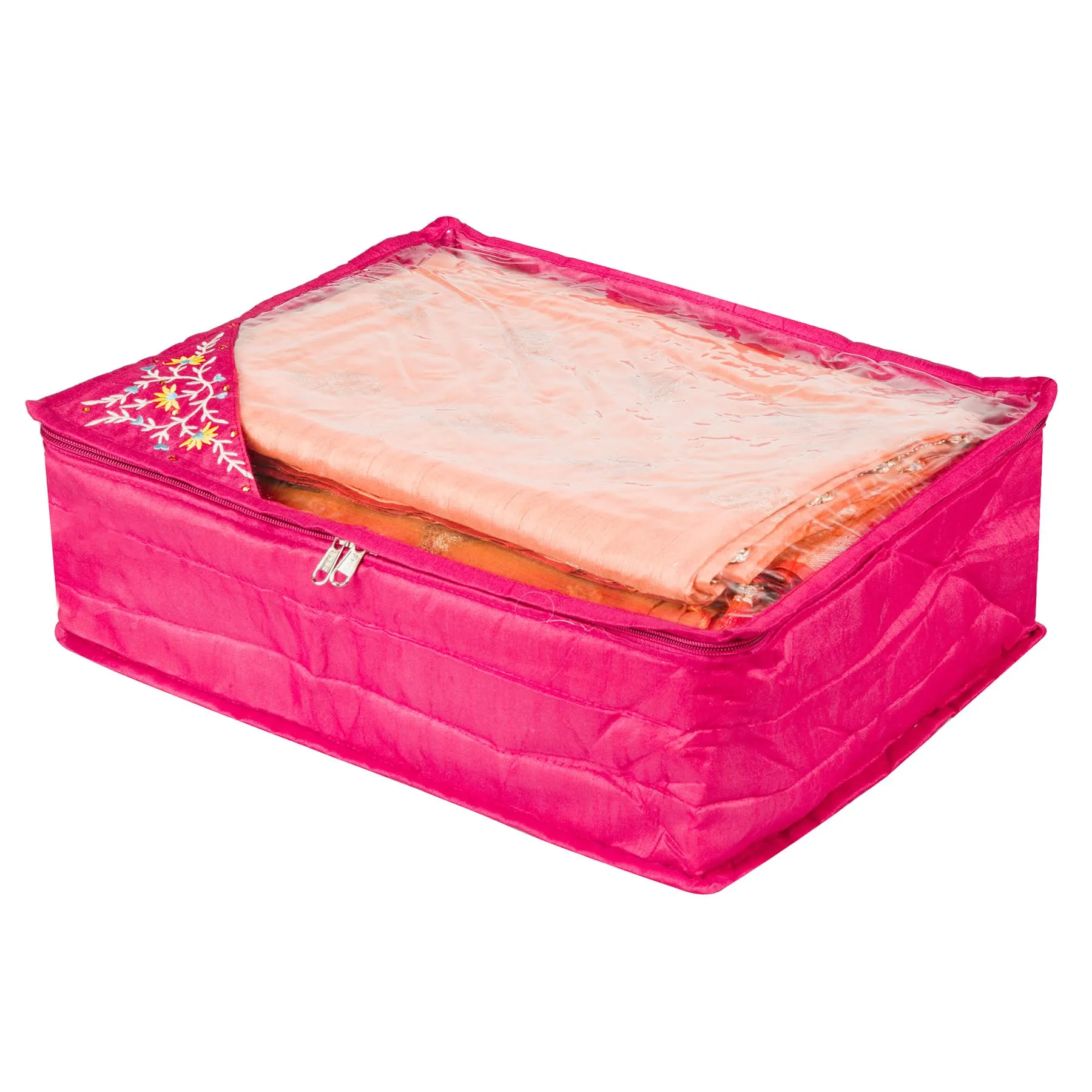 Kuber Industries Saree Cover | Clothes Storage Bag | Storage Organizer Bag | Zip Closure Saree Cover | Wardrobe Organizer | Side Embroidery Saree Cover | 6 Inch | Pack of 2 | Pink