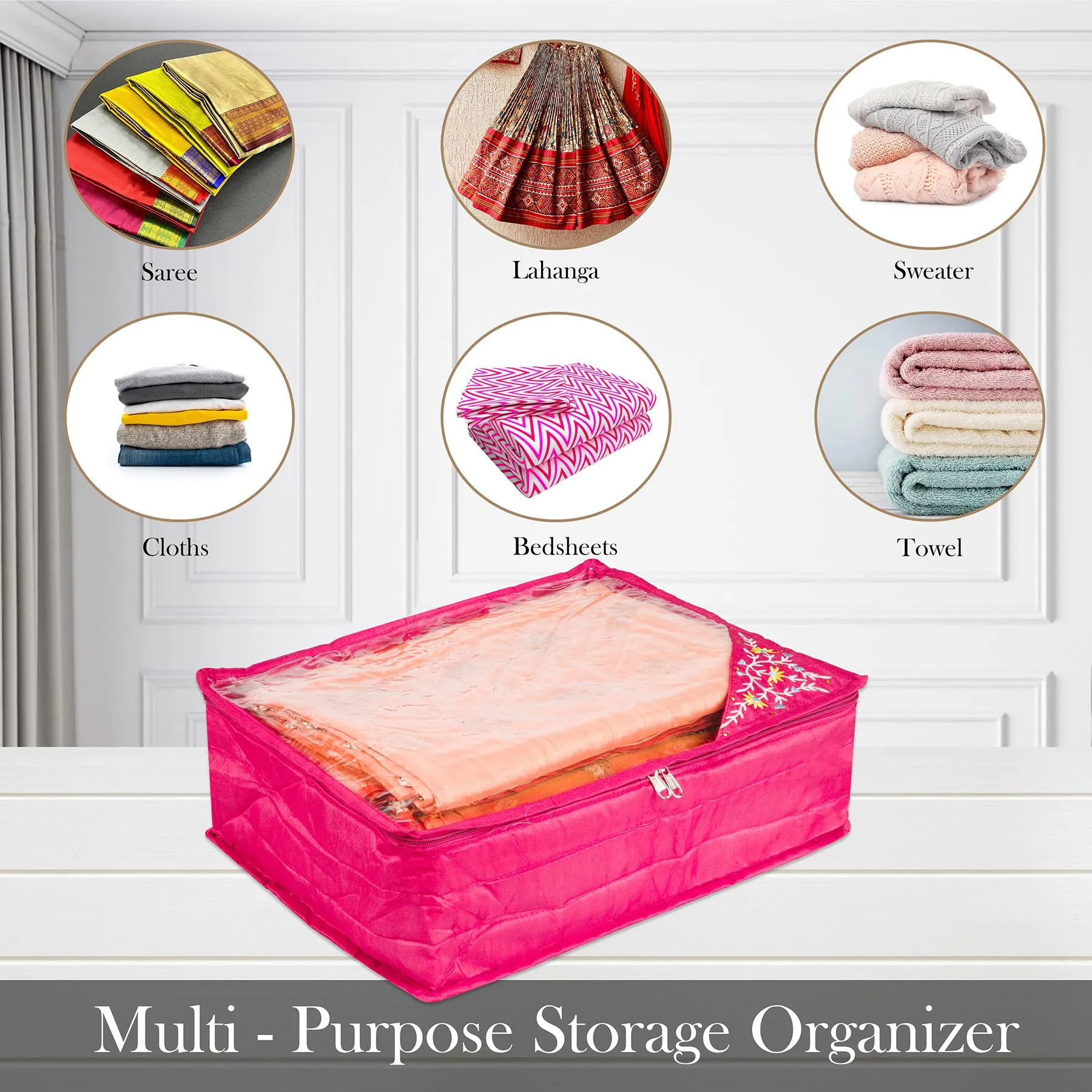 Kuber Industries Saree Cover | Clothes Storage Bag | Storage Organizer Bag | Zip Closure Saree Cover | Wardrobe Organizer | Side Embroidery Saree Cover | 6 Inch | Pack of 2 | Pink