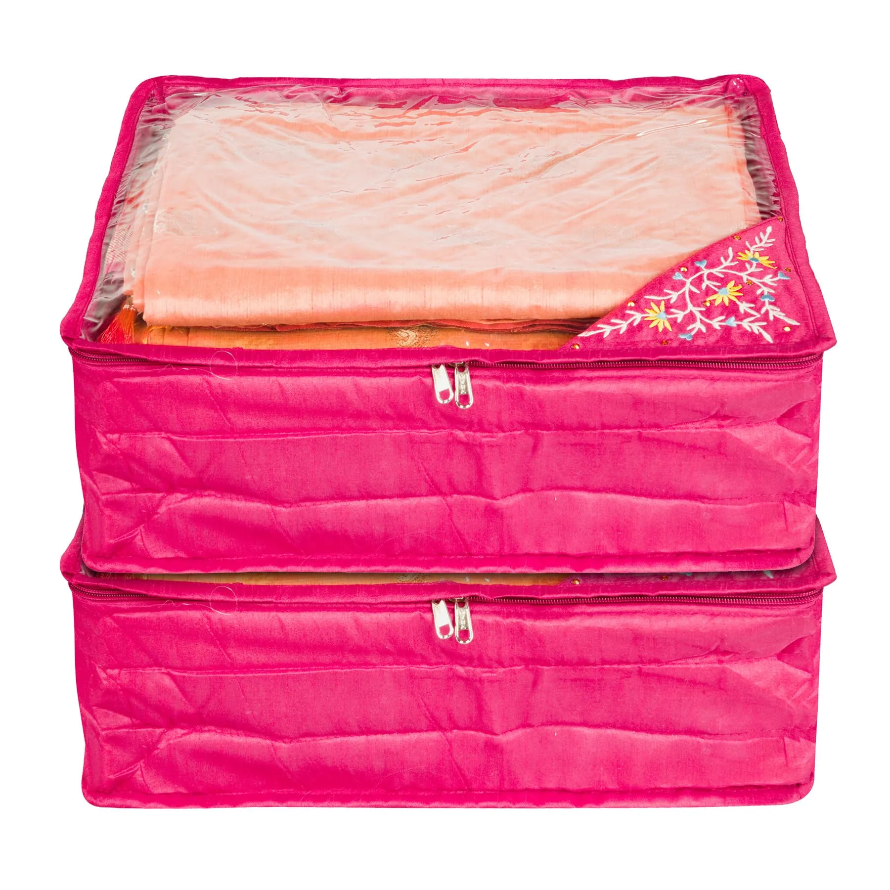 Kuber Industries Saree Cover | Clothes Storage Bag | Storage Organizer Bag | Zip Closure Saree Cover | Wardrobe Organizer | Side Embroidery Saree Cover | 6 Inch | Pack of 2 | Pink