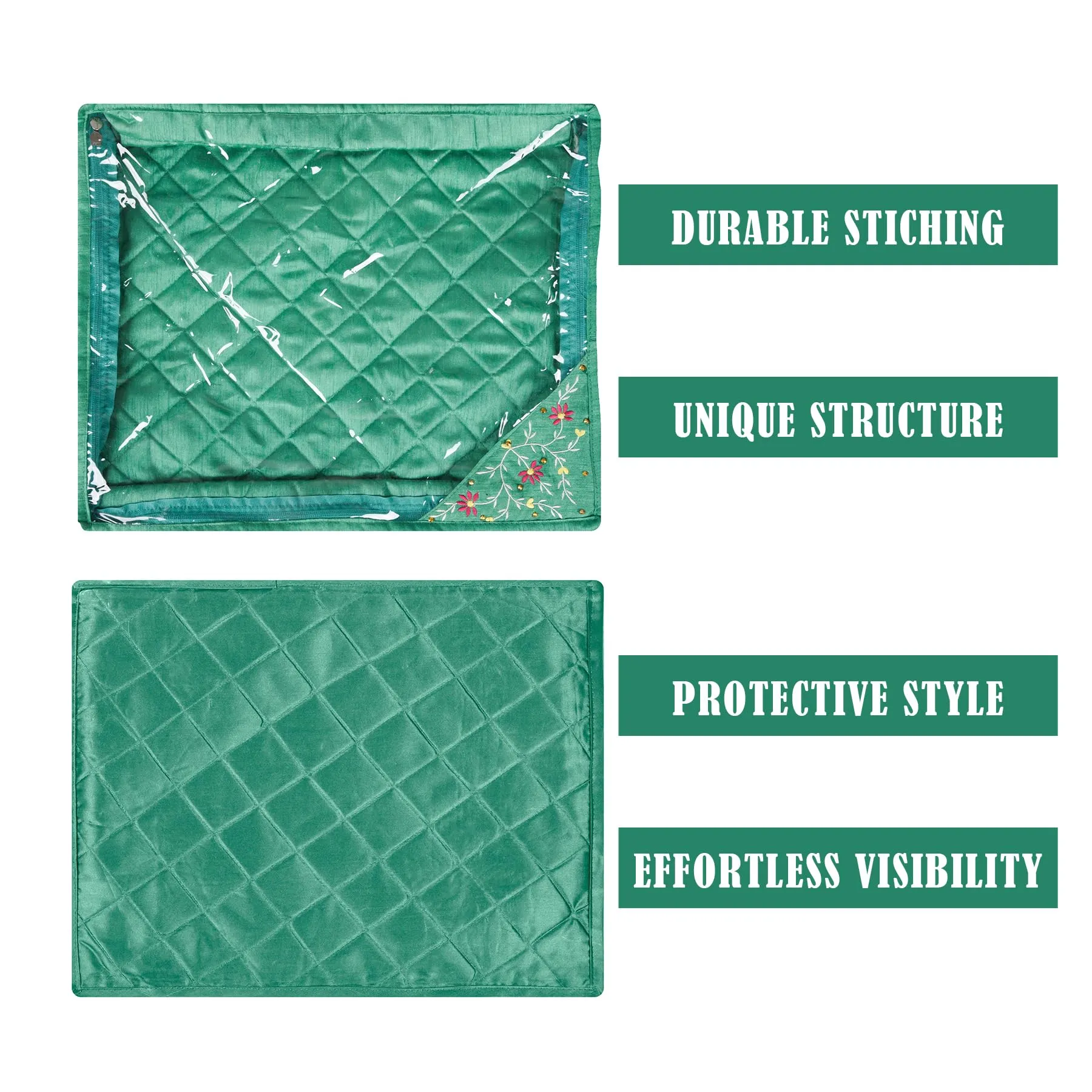 Kuber Industries Saree Cover | Clothes Storage Bag | Suit Packing Cover | Cloth Stoarge Organizer | Wardrobe Cloth Storage Organiser with Zip | Side Embroidery-Design | 3 Inch | Pack of 12 | Green