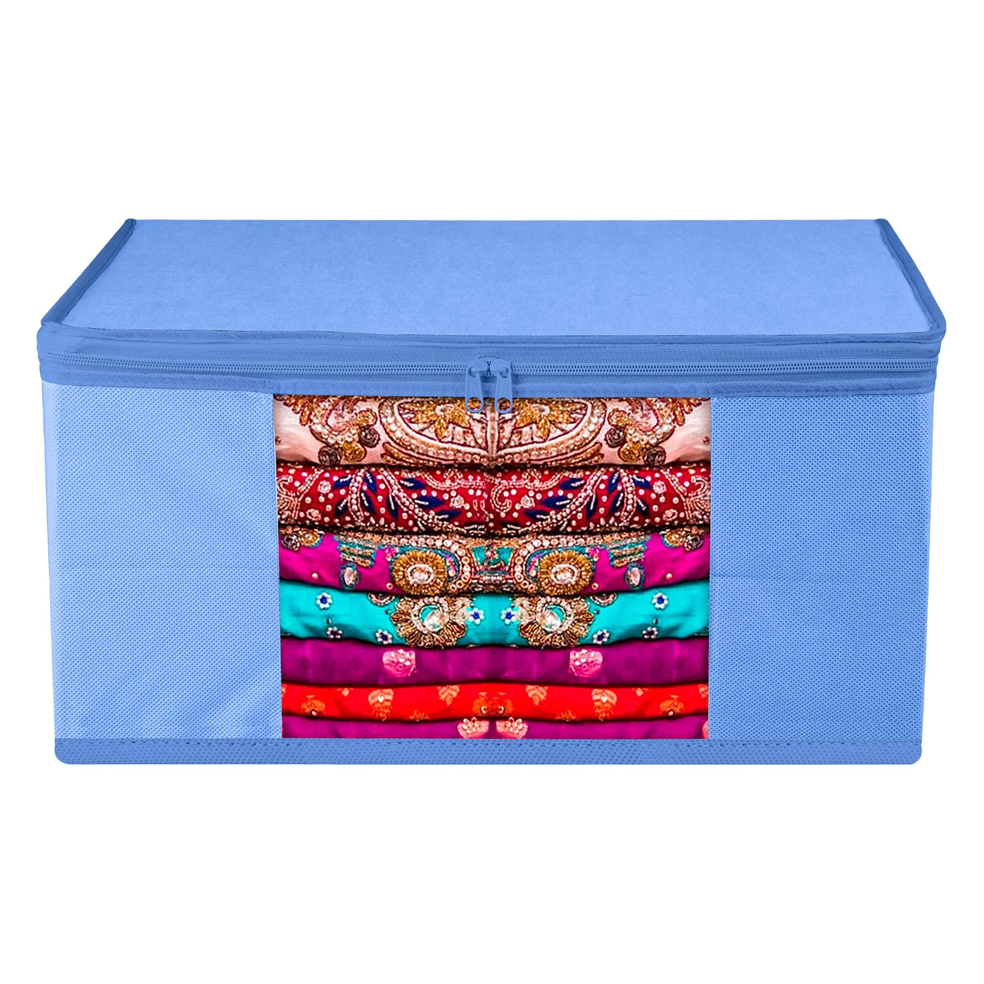 Kuber Industries Saree Cover | Clothes Storage Bag | Wardrobe Organizer | Zip Closure Saree Cover | Transparent Window Saree Cover | Plain Saree Cover | 9 Inch | Pack of 3 | Light Blue