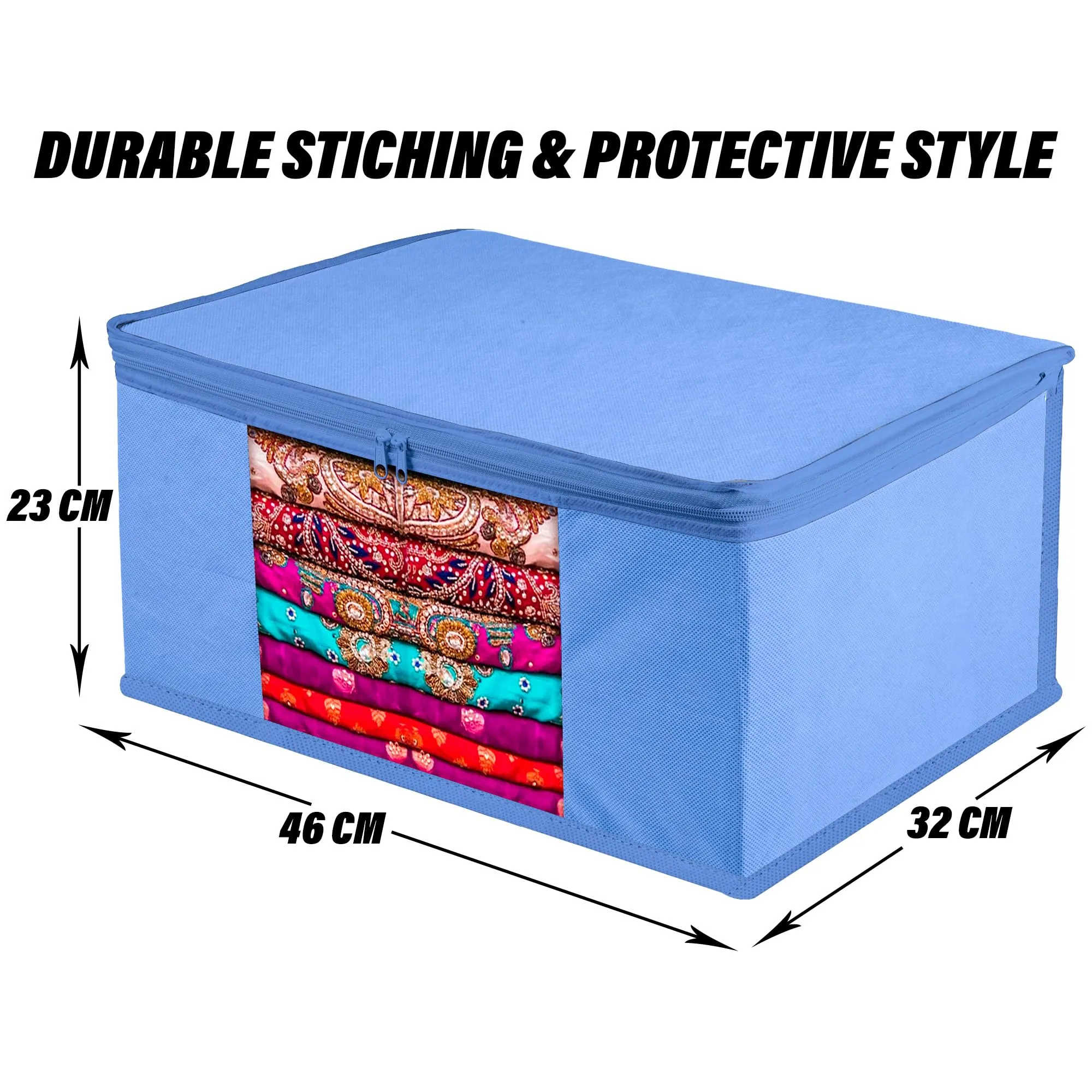 Kuber Industries Saree Cover | Clothes Storage Bag | Wardrobe Organizer | Zip Closure Saree Cover | Transparent Window Saree Cover | Plain Saree Cover | 9 Inch | Pack of 3 | Light Blue