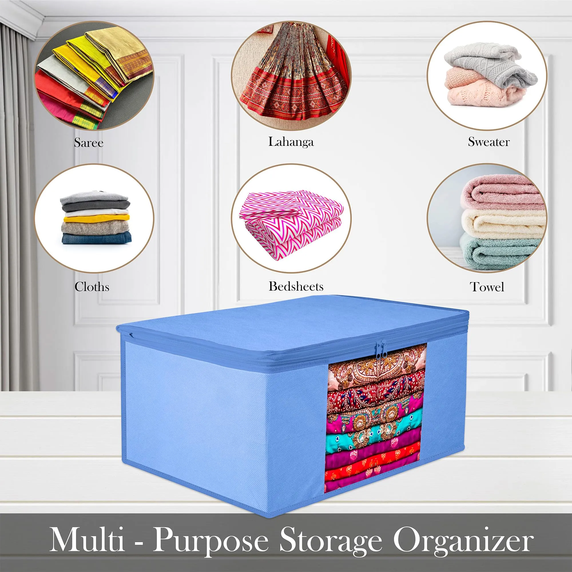 Kuber Industries Saree Cover | Clothes Storage Bag | Wardrobe Organizer | Zip Closure Saree Cover | Transparent Window Saree Cover | Plain Saree Cover | 9 Inch | Pack of 3 | Light Blue