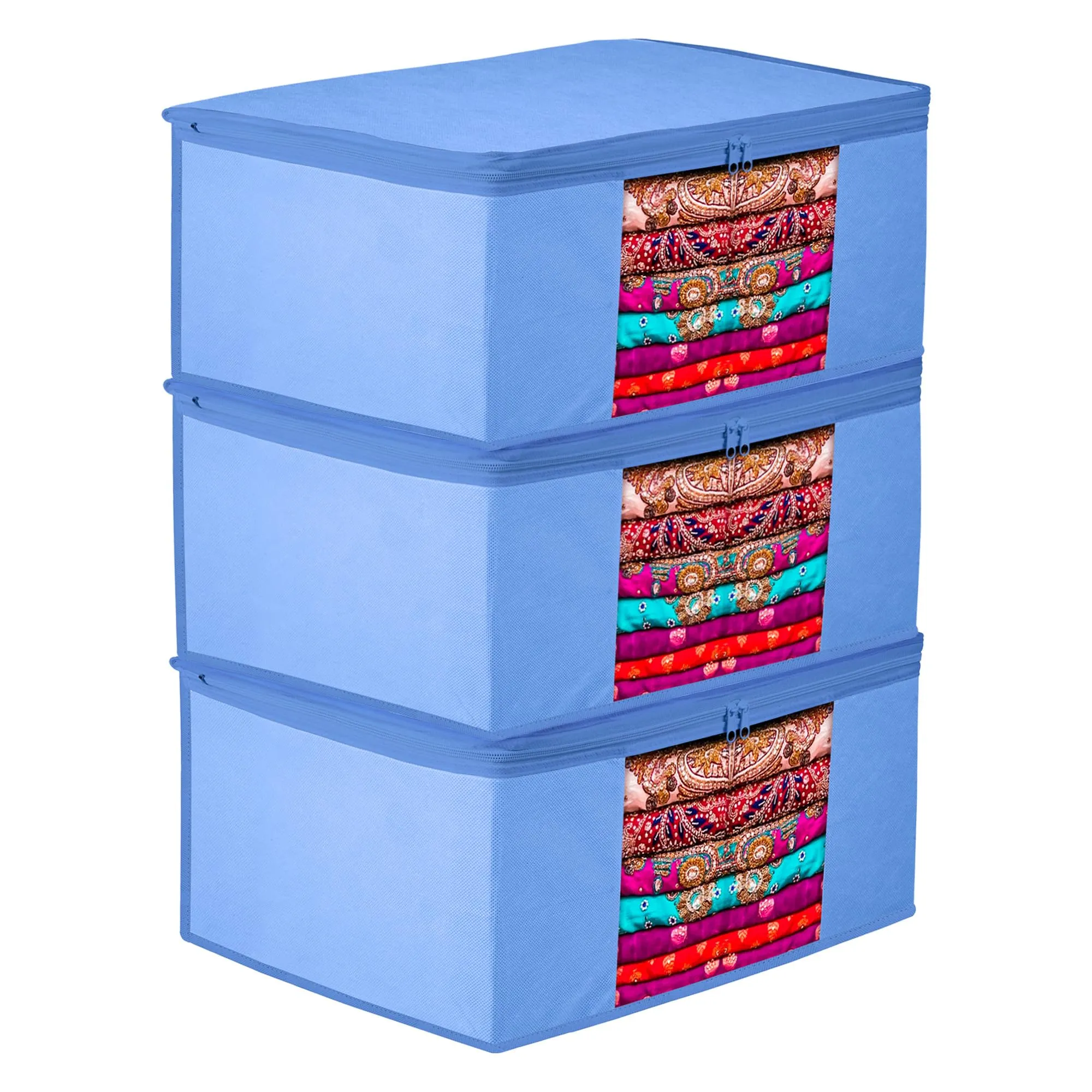Kuber Industries Saree Cover | Clothes Storage Bag | Wardrobe Organizer | Zip Closure Saree Cover | Transparent Window Saree Cover | Plain Saree Cover | 9 Inch | Pack of 3 | Light Blue