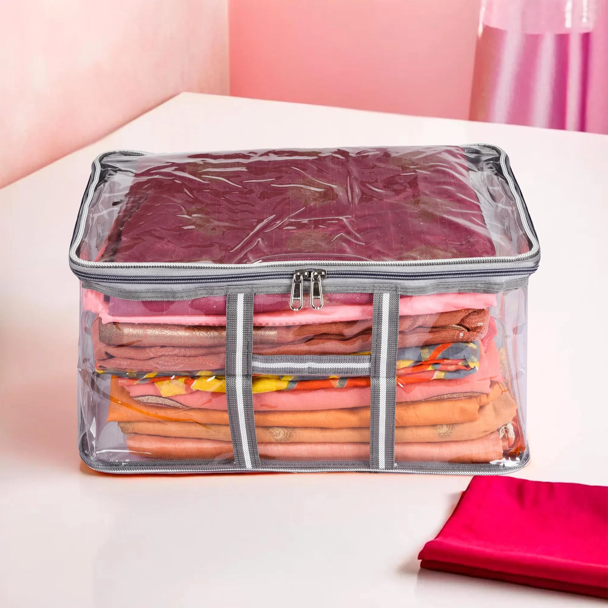 Kuber Industries Saree Cover | Clothes Storage Bag | Zip Closure Saree Cover | Wardrobe Organizer | Cloth Storage Organiser | Mesh Transparent Saree Cover | 3 Inch | Pack of 3 | Gray
