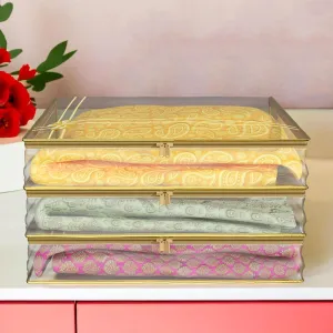Kuber Industries Saree Cover | Zip Closure Saree Cover | Clothes Storage Bag | Wardrobe Organiser for Suit | Side Transparent Saree Cover | Check-Design | 9 inch | Pack of 2 | Golden