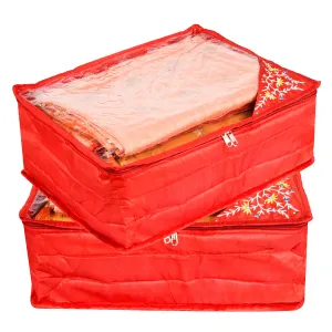 Kuber Industries Saree Cover | Zip Closure Saree Cover | Clothes Storage Bag | Wardrobe Organiser for Suit | Transparent Top Saree Cover | Side Embroidery-Design | 9 inch | Pack of 2 | Red