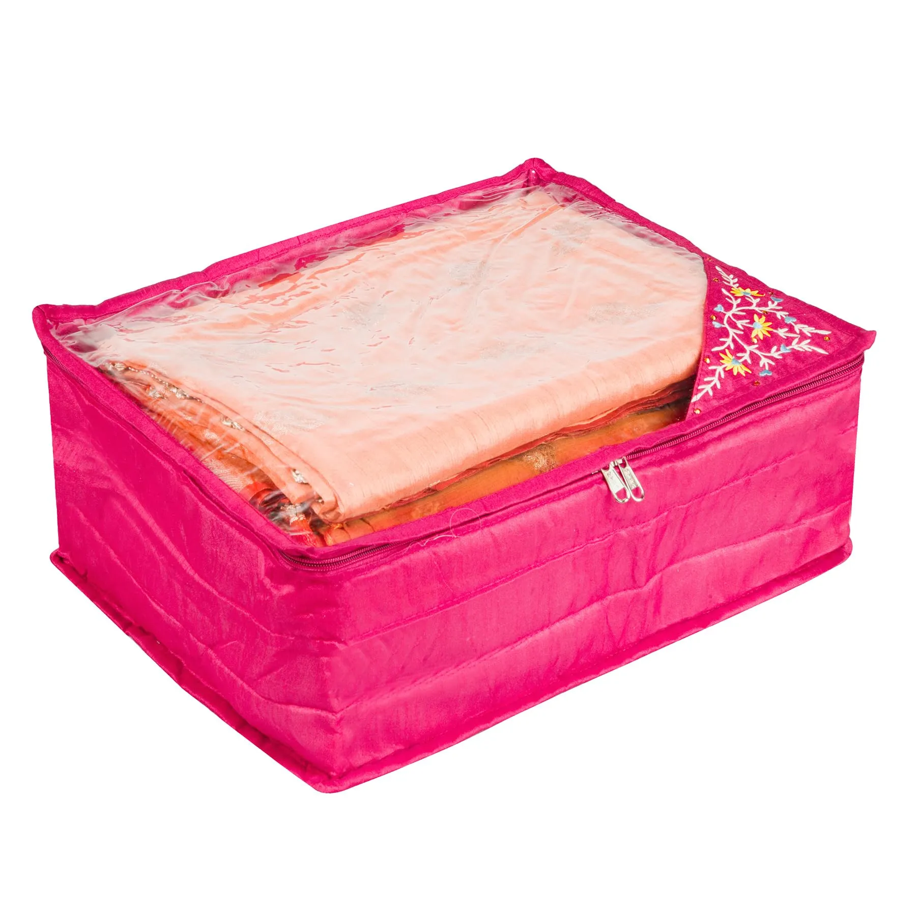 Kuber Industries Saree Cover | Zip Closure Saree Cover | Clothes Storage Bag | Wardrobe Organiser for Suit | Transparent Top Saree Cover | Side Embroidery-Design | 9 inch | Pink